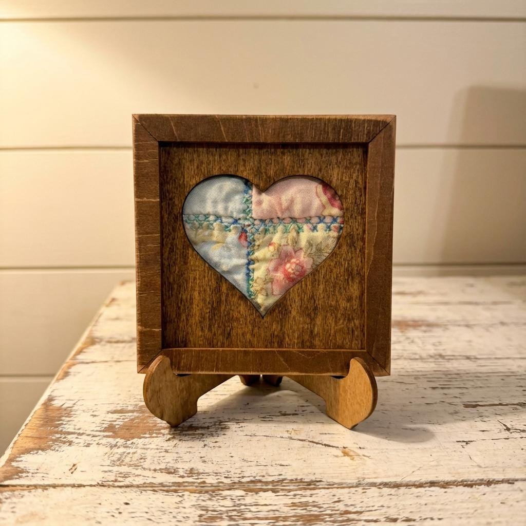 Reclaimed Quilt Heart Wood Sign – 3.75 Inch Rustic Valentine Decor – Handmade Fabric Heart – Farmhouse Shelf Decor INCLUDES Easel