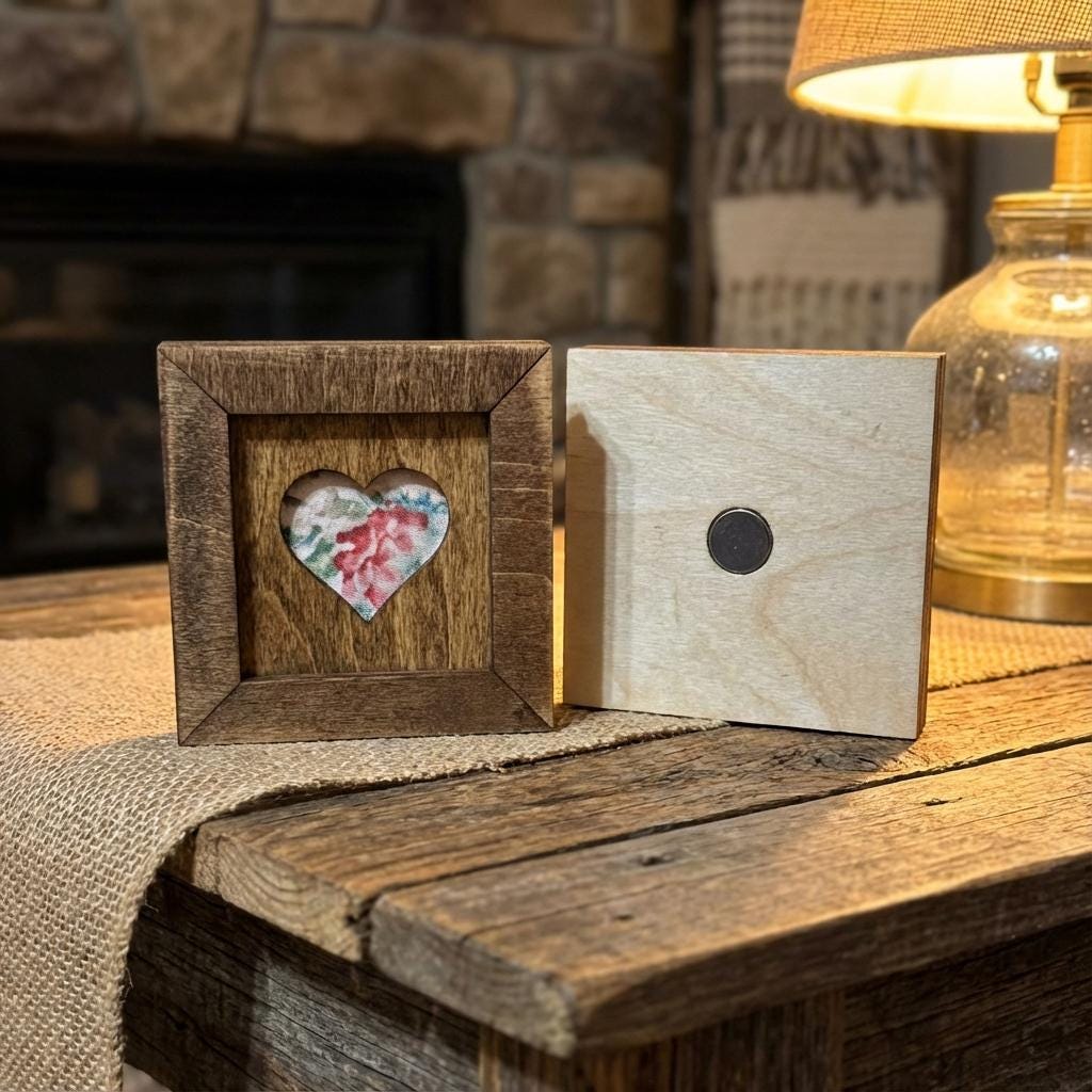 Reclaimed Quilt Heart Wood Magnet or Sign – Mini Rustic Valentine Decor – Handmade Fabric Heart – Farmhouse Shelf Sitter