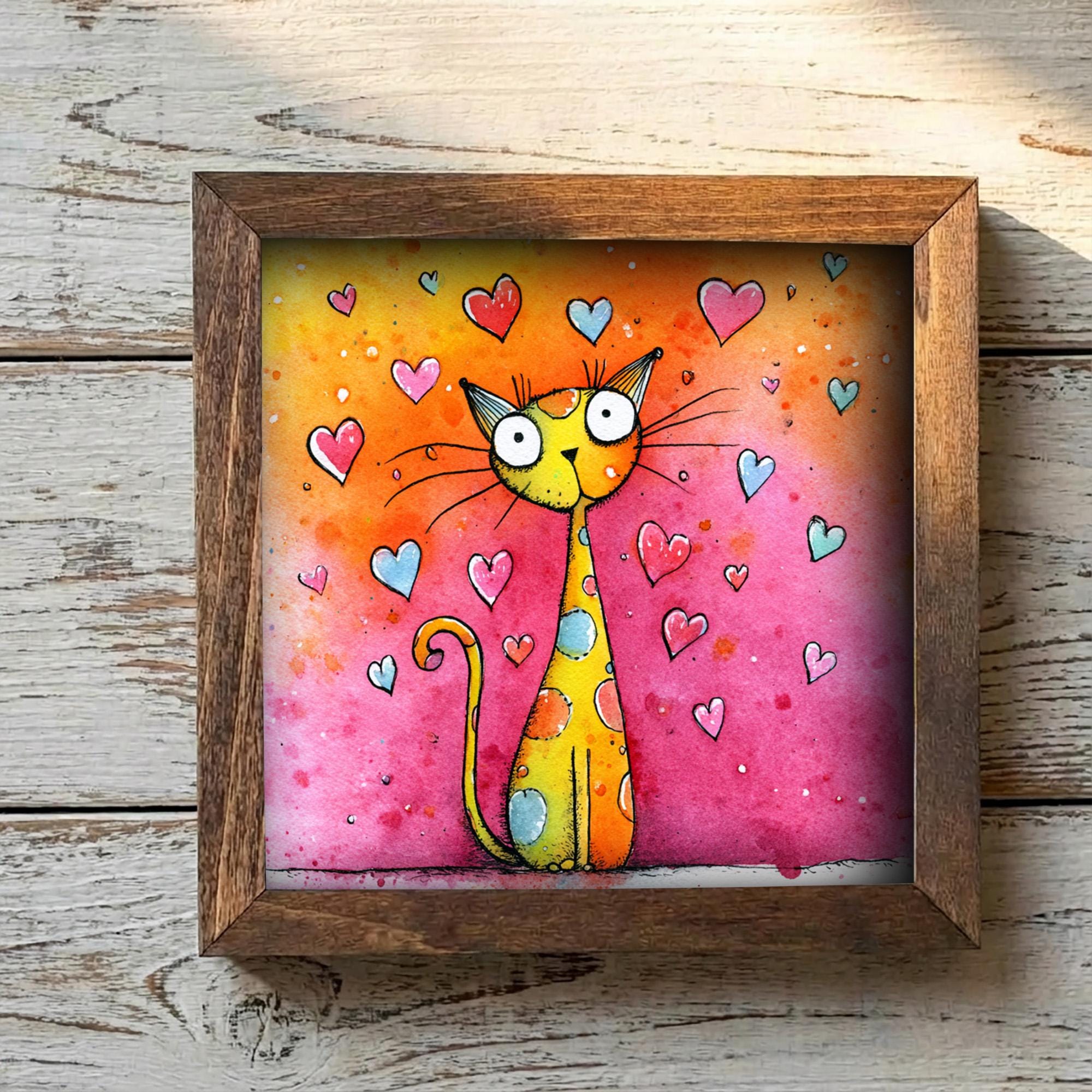 Whimsical Cat Love Art Framed Wall Decor 5.5 Inch | Cute Cat Valentine Gift | Colorful Farmhouse Cat Illustration