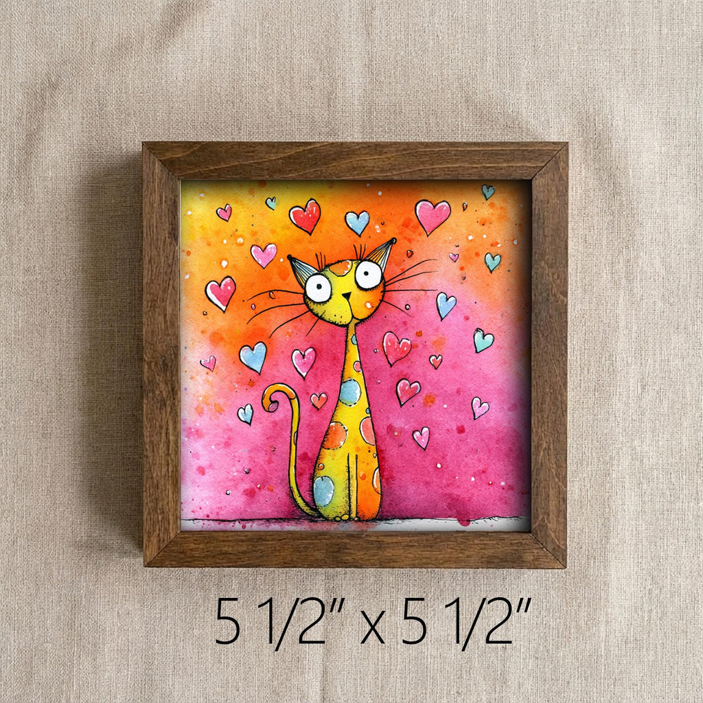 Whimsical Cat Love Art Framed Wall Decor 5.5 Inch | Cute Cat Valentine Gift | Colorful Farmhouse Cat Illustration