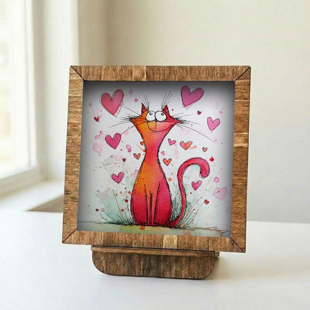 Whimsical Cat Love Art Framed Wall Decor 5.5 Inch | Cute Cat Valentine Gift | Playful Cat Illustration Farmhouse Style