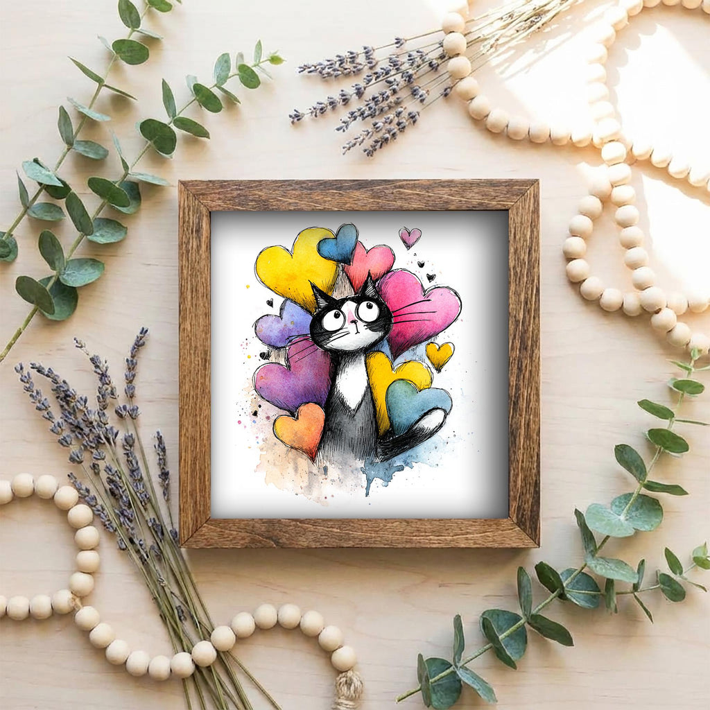 Framed Cat Art | Whimsical Watercolor Illustration, Colorful Hearts