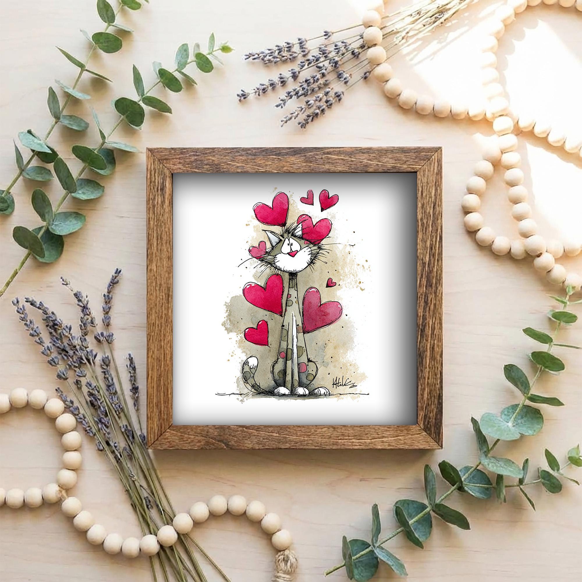 Cat Wall Art Framed 5x5 | Colorful Rainbow Hearts Print | Small Square Art | Whimsical Cat Lover Gift