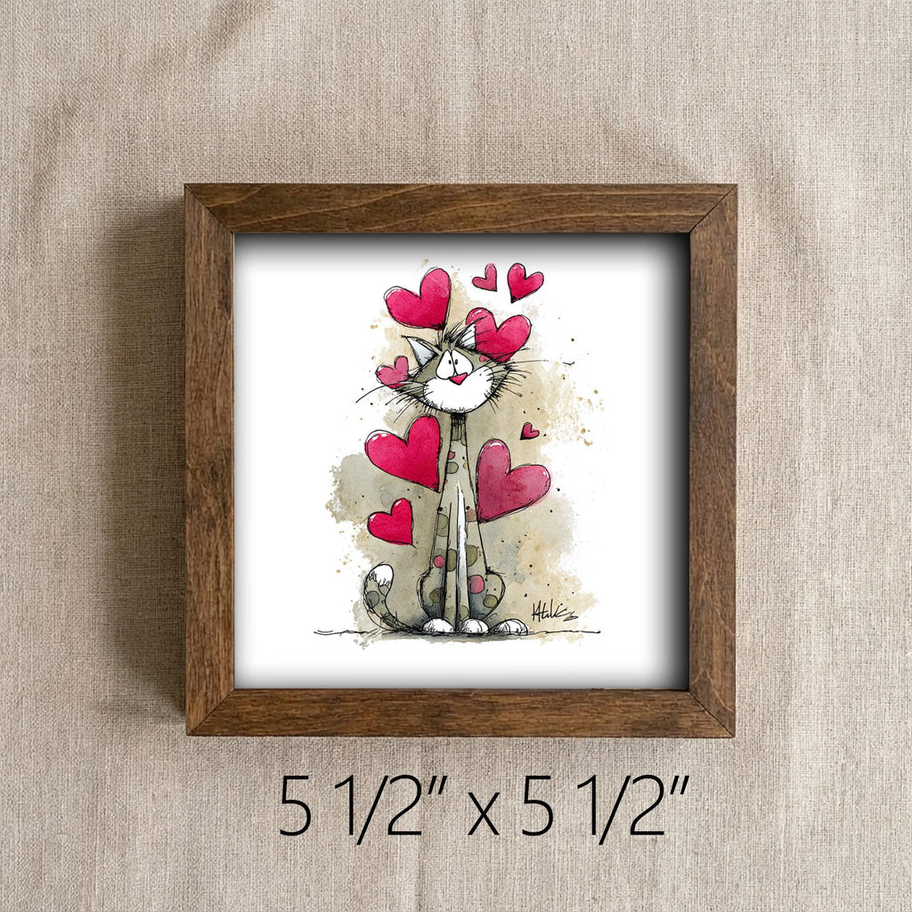 Cat Wall Art Framed 5x5 | Colorful Rainbow Hearts Print | Small Square Art | Whimsical Cat Lover Gift