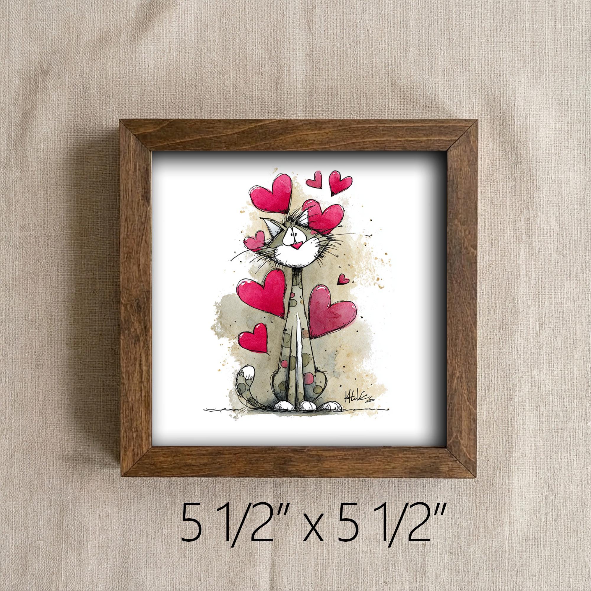 Cat Wall Art Framed 5x5 | Colorful Rainbow Hearts Print | Small Square Art | Whimsical Cat Lover Gift