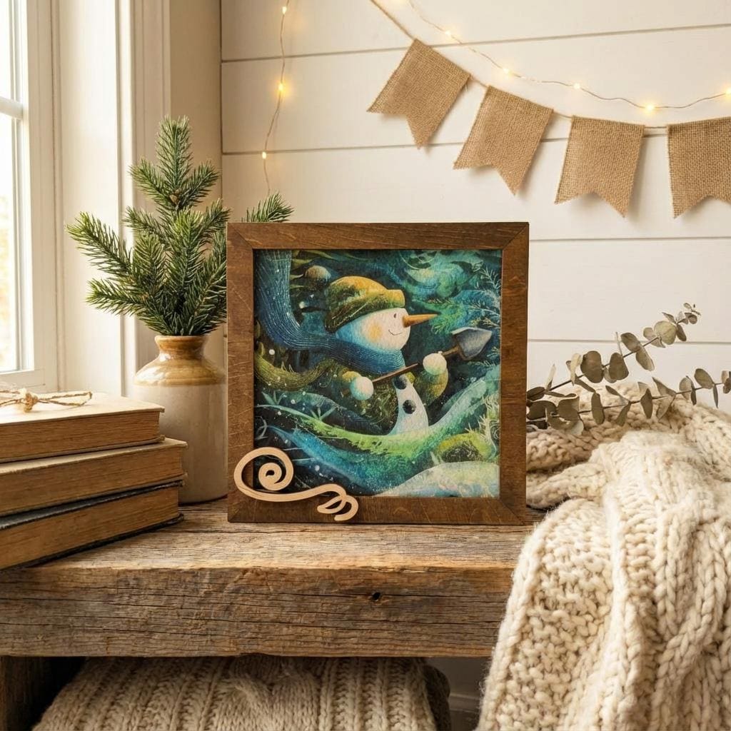 Snowman Art Sign 5.5 Inch – Rustic Farmhouse Winter Decor, Framed Snowman Wall Art, Cozy Christmas Shelf Sign, Handmade Wood Art