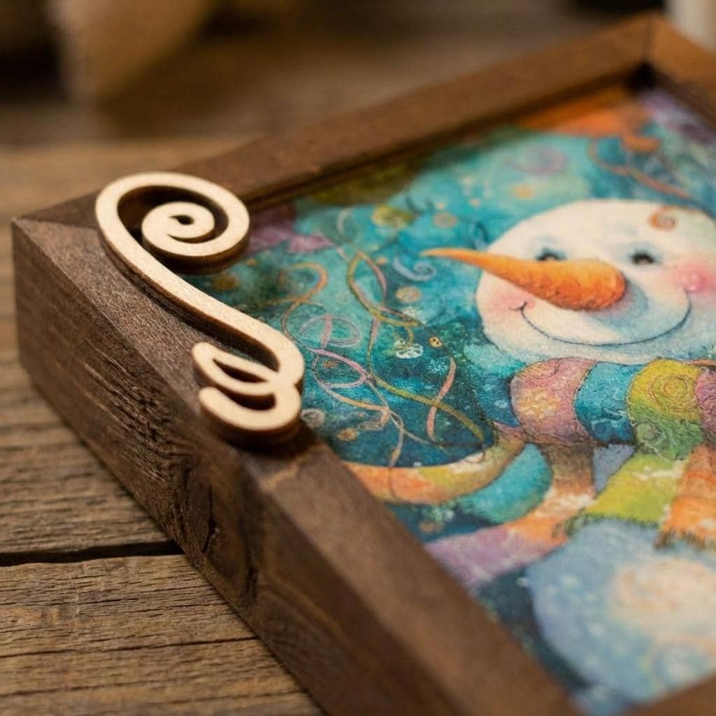 Snowman Art Sign 5.5 Inch – Rustic Farmhouse Winter Decor, Framed Snowman Wall Art, Cozy Christmas Shelf Sign, Handmade Wood Art