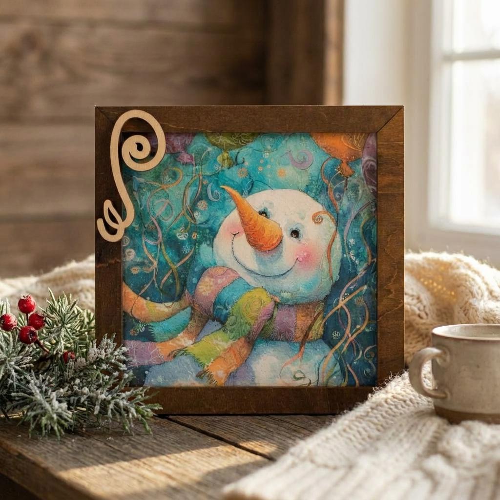 Snowman Art Sign 5.5 Inch – Rustic Farmhouse Winter Decor, Framed Snowman Wall Art, Cozy Christmas Shelf Sign, Handmade Wood Art