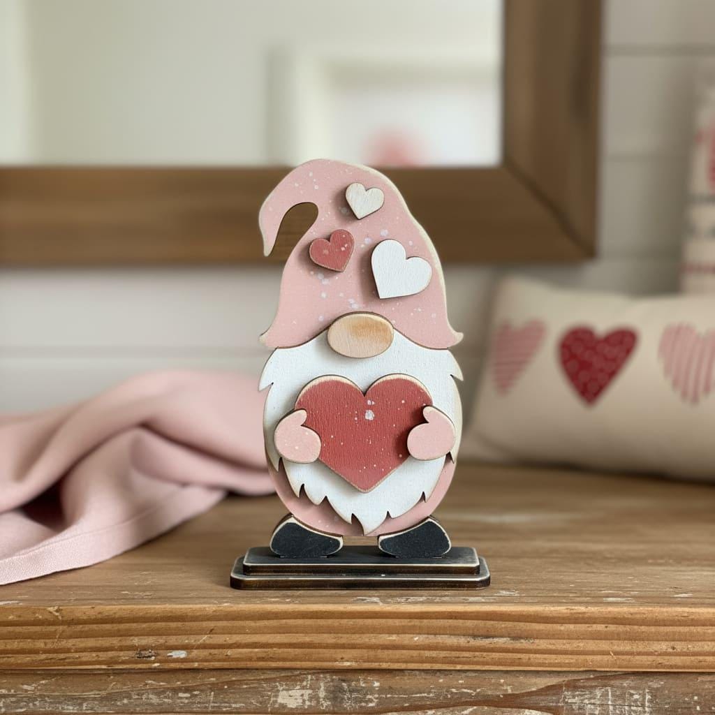 Heart Gnome Shelf Sitter – Handmade Rustic Farmhouse Decor – Wooden Gnome with Heart Accent