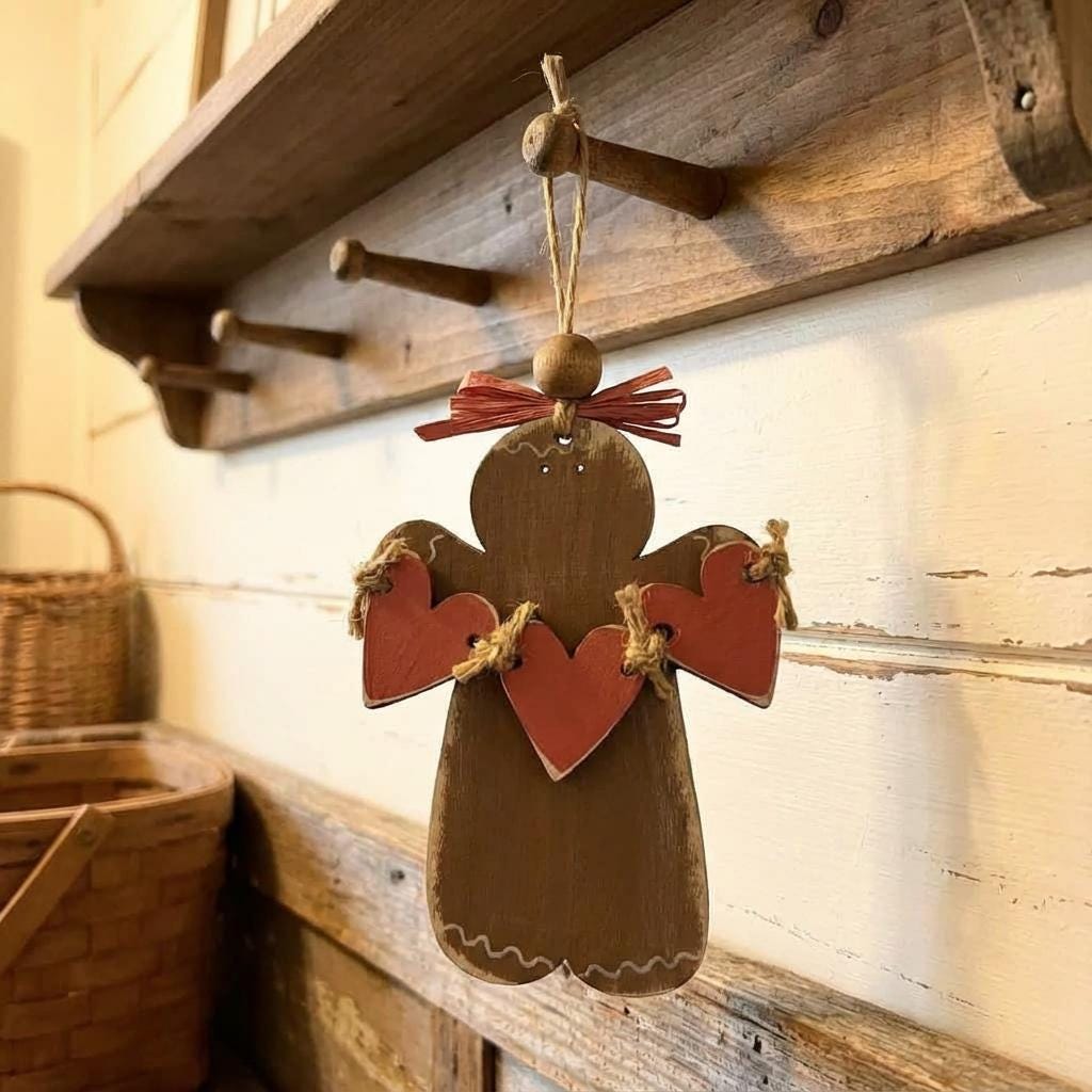 Heart Decorations – Rustic Gingerbread with Heart Banner - Shelf Sitter or Ornament