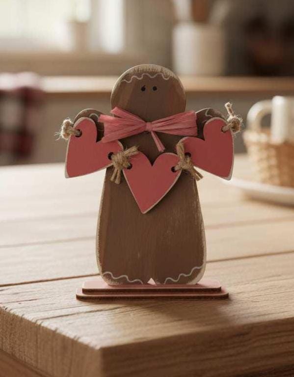 Heart Decorations – Rustic Gingerbread with Heart Banner - Shelf Sitter or Ornament