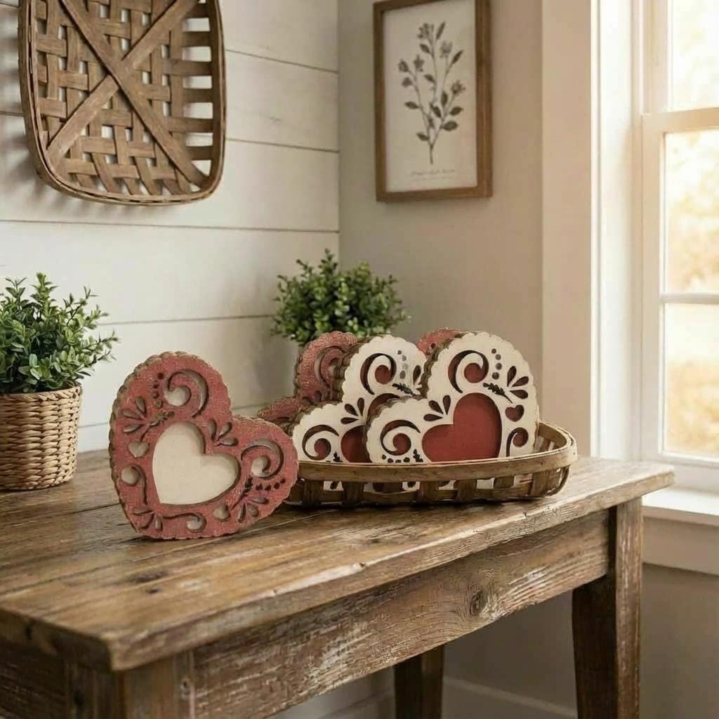 Mini Reversible Lacy Heart Decor – Rustic Romantic Shelf Sitter – Tiered Tray or Basket Stuffer