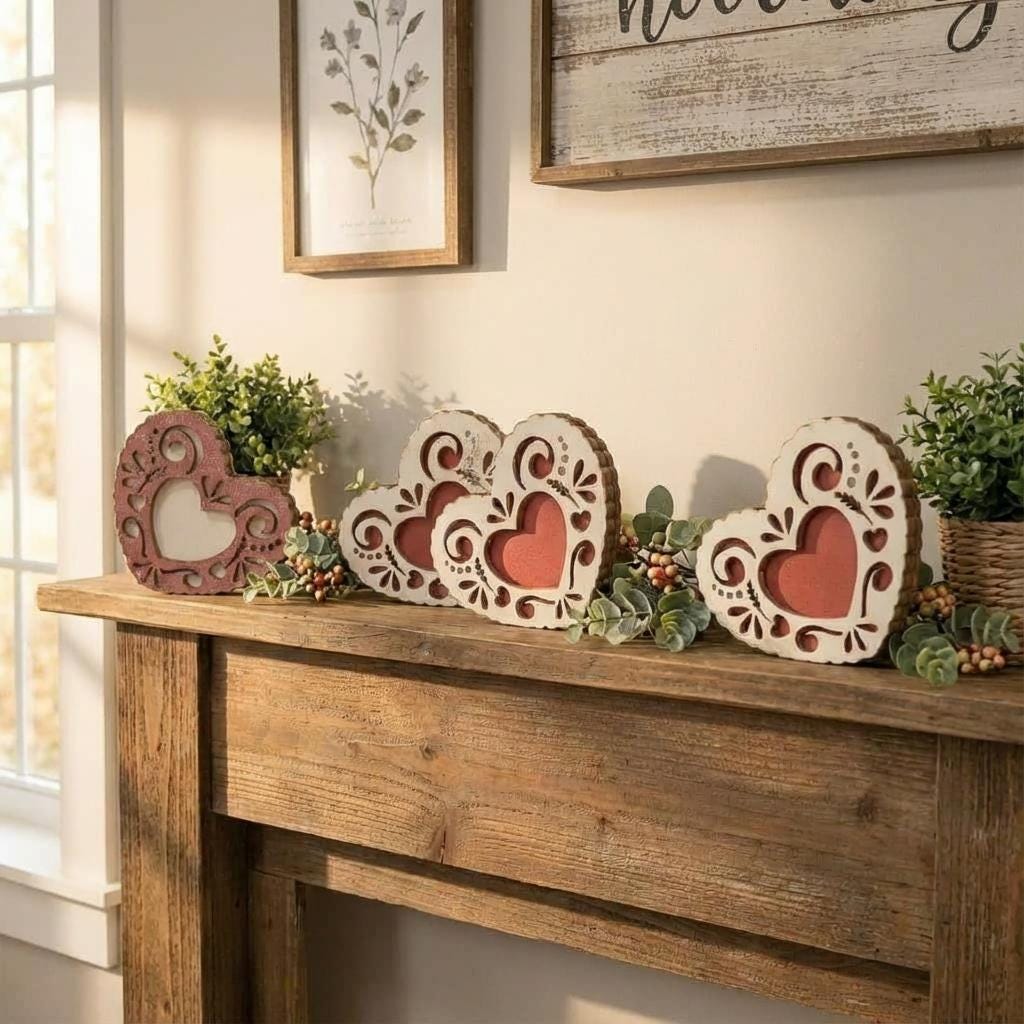 Mini Reversible Lacy Heart Decor – Rustic Romantic Shelf Sitter – Tiered Tray or Basket Stuffer