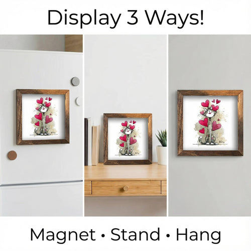 Cat Wall Art Framed 5x5 | Colorful Rainbow Hearts Print | Small Square Art | Whimsical Cat Lover Gift