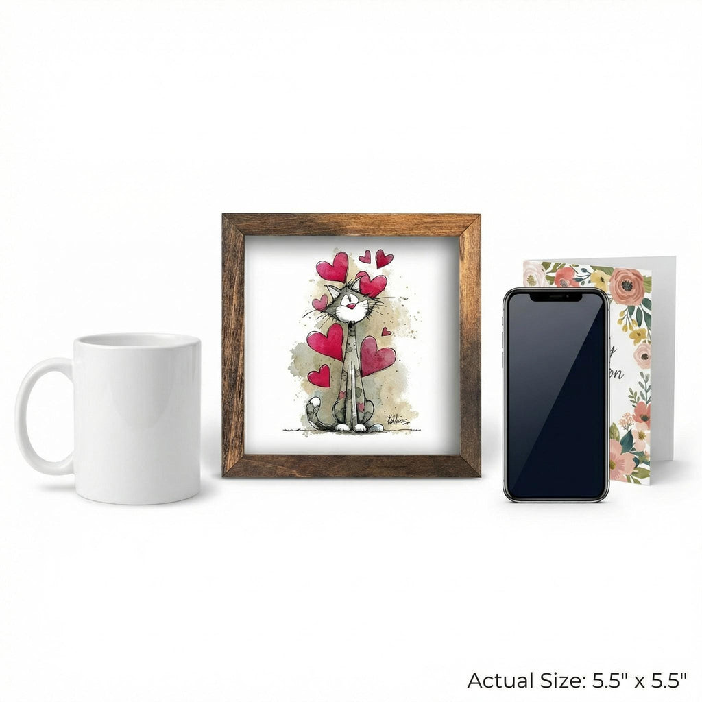 Cat Wall Art Framed 5x5 | Colorful Rainbow Hearts Print | Small Square Art | Whimsical Cat Lover Gift