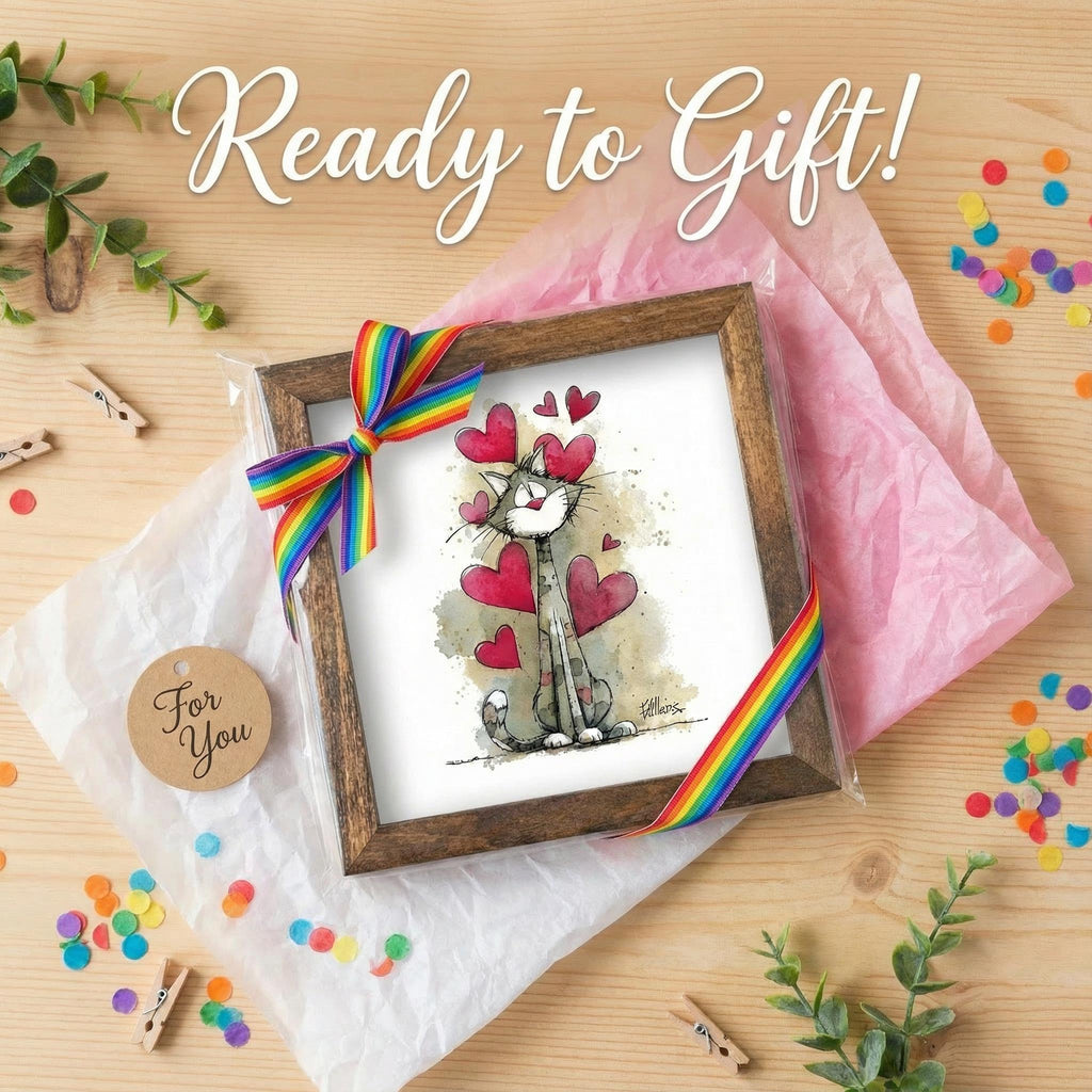 Cat Wall Art Framed 5x5 | Colorful Rainbow Hearts Print | Small Square Art | Whimsical Cat Lover Gift