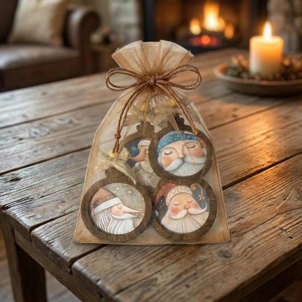 Rustic Santa Ornament Set of 4, Handcrafted Wood Christmas Ornaments, Farmhouse Holiday Decor, Santa Face Ornament Gift Set