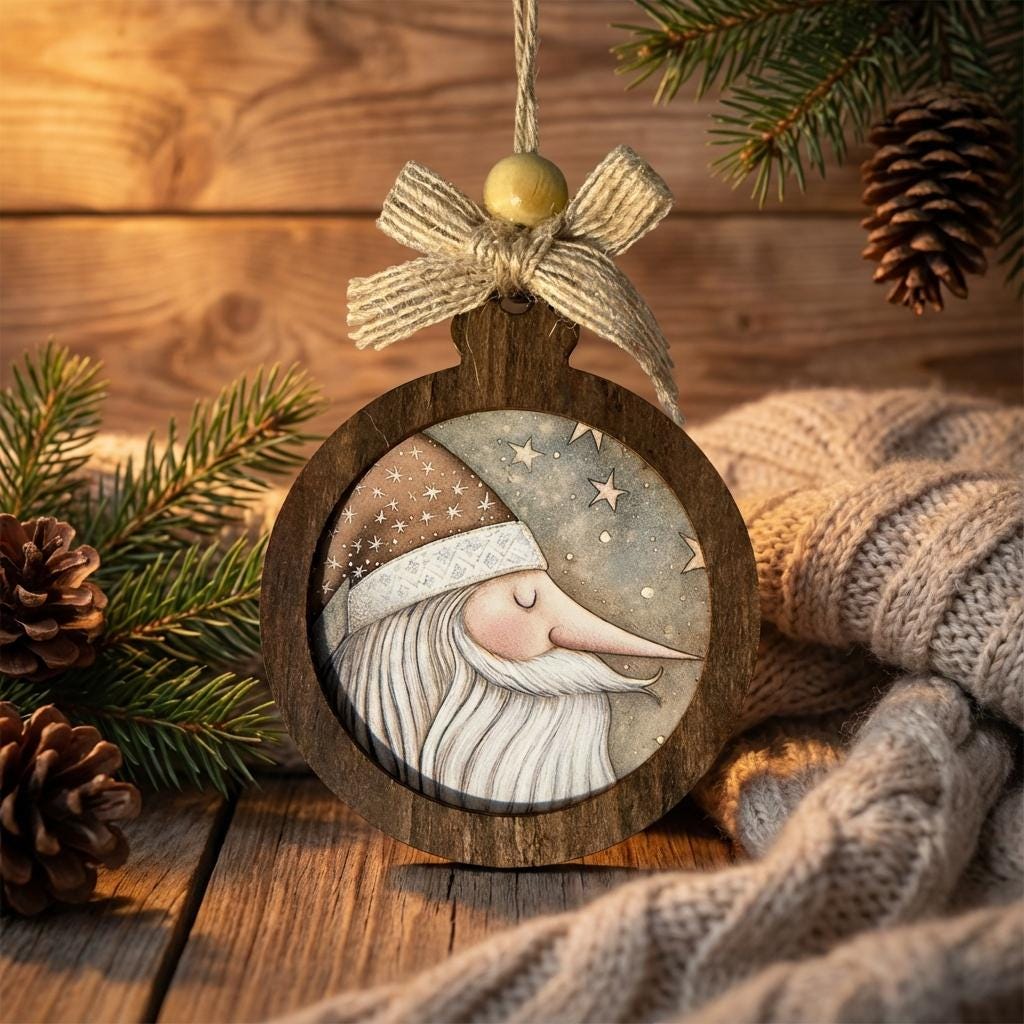 Rustic Santa Ornament Set of 4, Handcrafted Wood Christmas Ornaments, Farmhouse Holiday Decor, Santa Face Ornament Gift Set