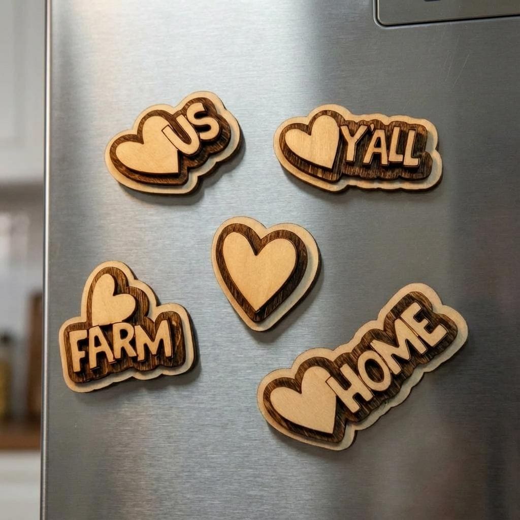 Funny Rustic Wood Magnet Set | Farmhouse Fridge Magnets | Handmade Country Decor | Love Home | Love Y'all | Love Farm | Love Us | Heart