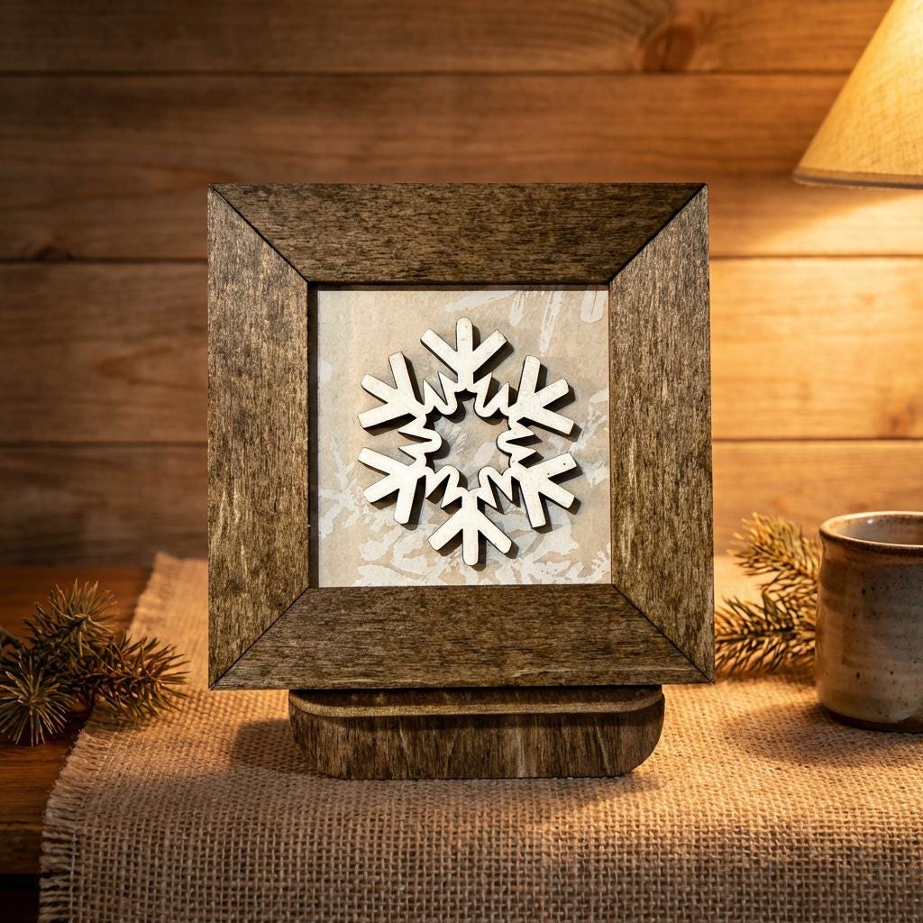 Winter Snowflake Mini Framed Sign | Tiered Tray Decor | 3D Wood Snowflake | Christmas Farmhouse Decor | Magnet & Stand Included