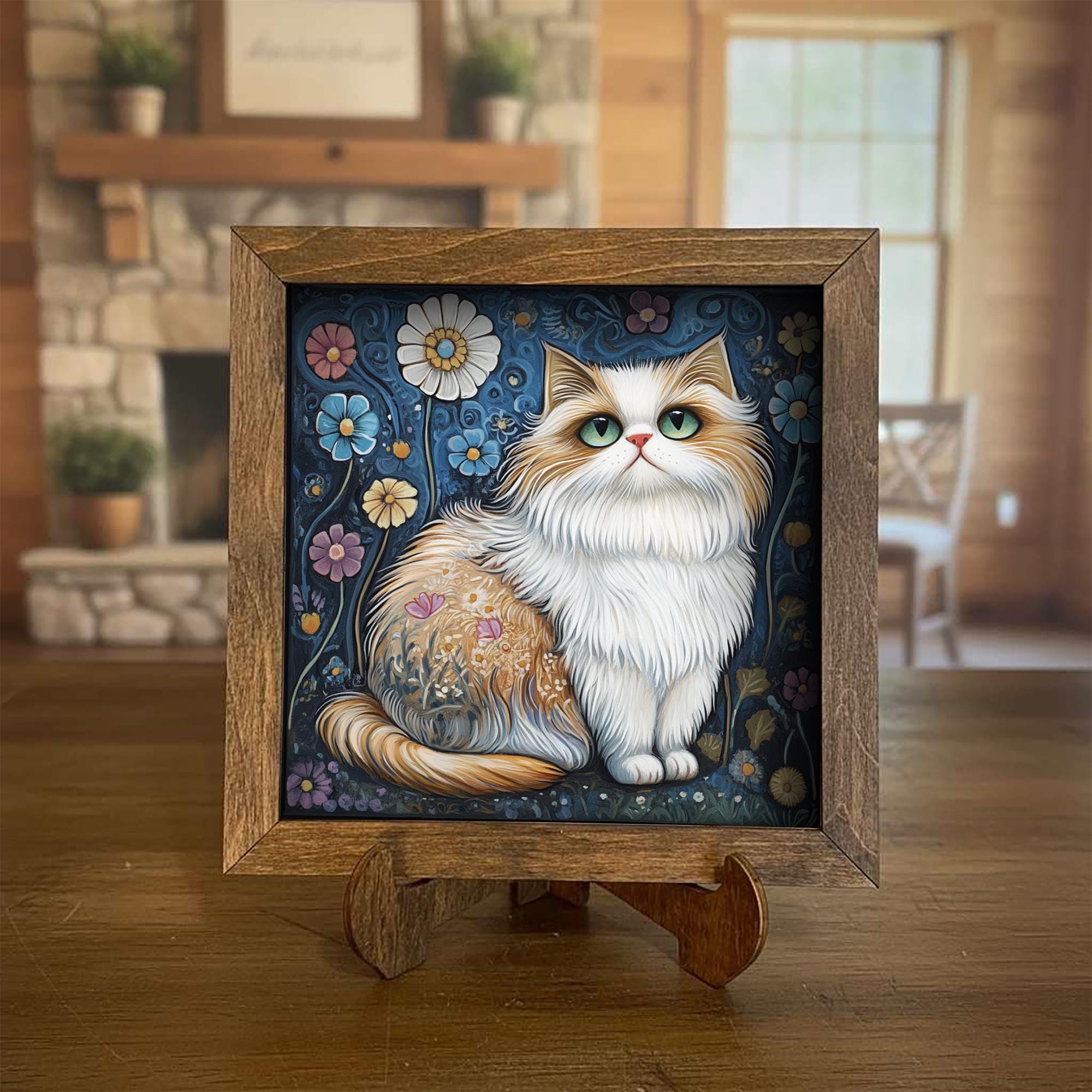 5.5” Framed Cat Art & Easel – Whimsical Folk Art Floral Cat, Rustic Farmhouse Shelf Decor, Cozy Cottage Home Accent