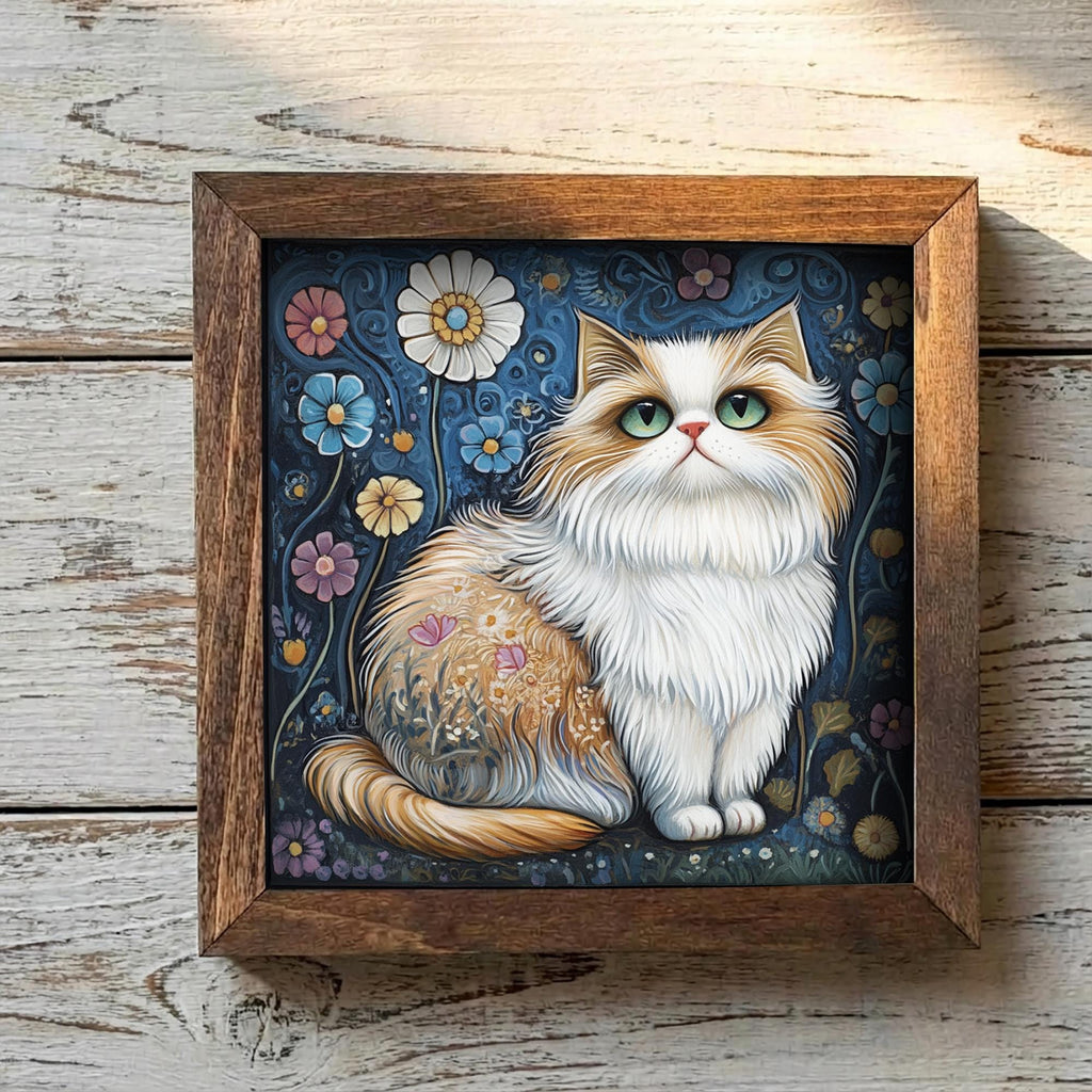 5.5” Framed Cat Art & Easel – Whimsical Folk Art Floral Cat, Rustic Farmhouse Shelf Decor, Cozy Cottage Home Accent