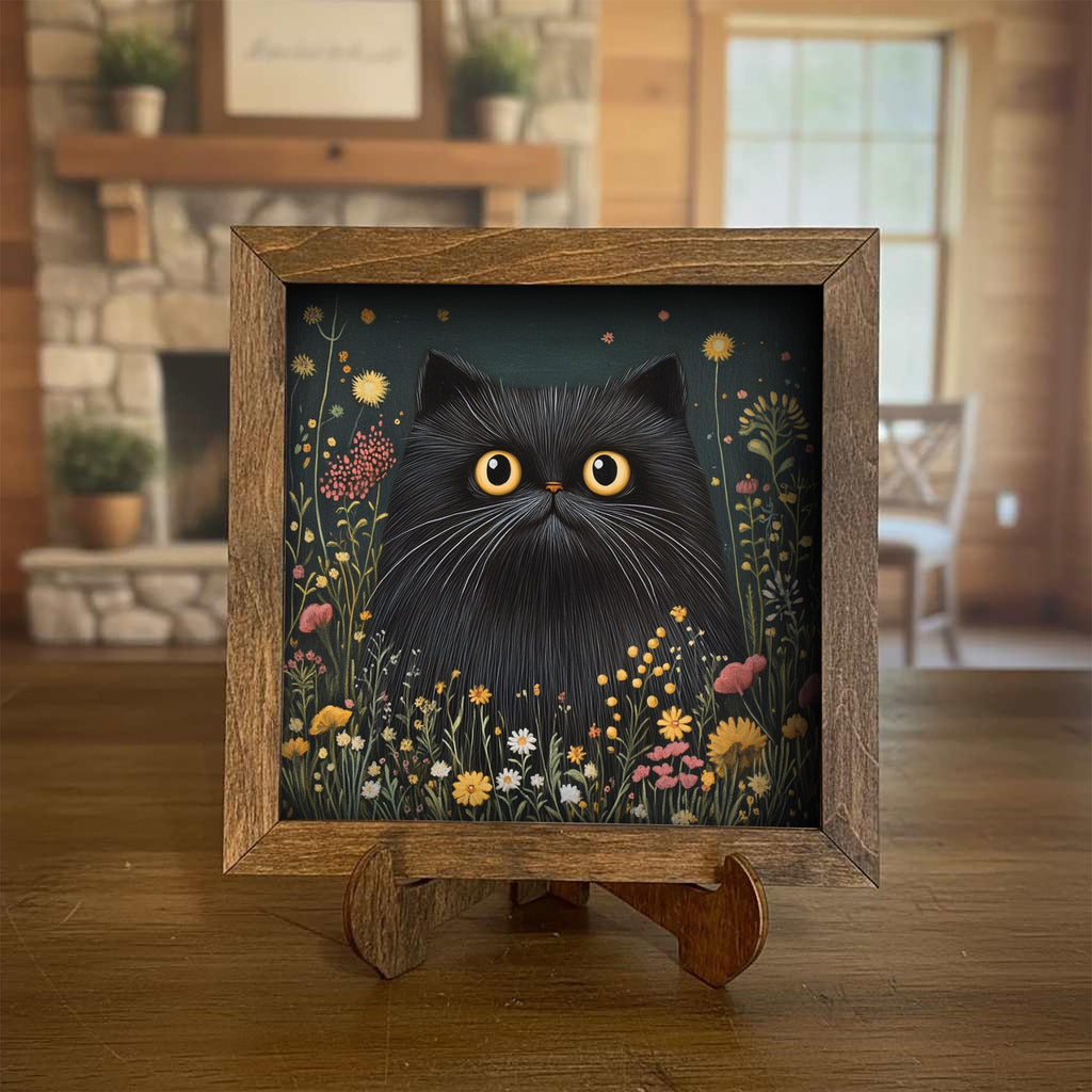 5.5” Framed Cat Art & Easel – Whimsical Folk Art Floral Black Cat, Rustic Farmhouse Shelf Decor, Cozy Cottage Home Accent