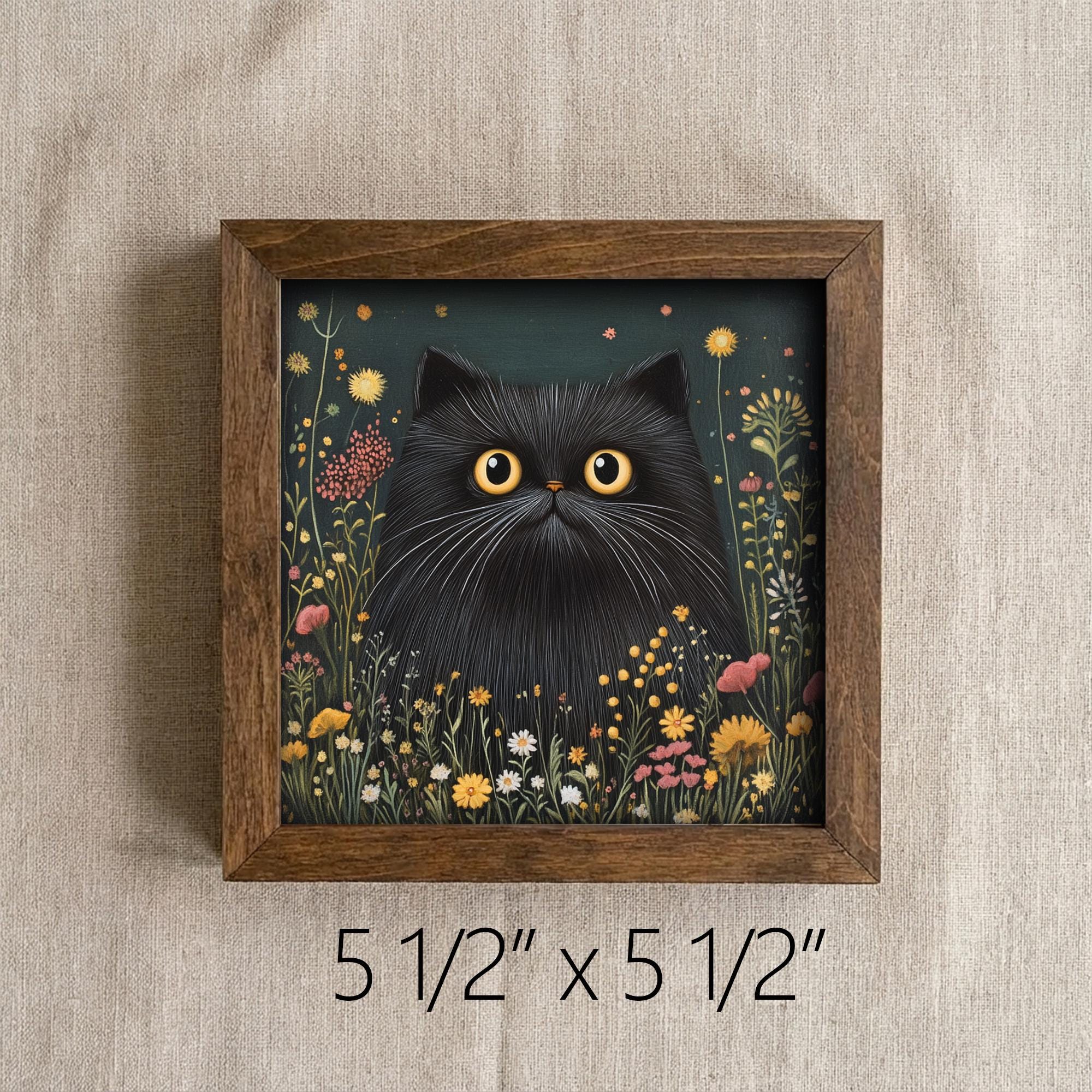 5.5” Framed Cat Art & Easel – Whimsical Folk Art Floral Black Cat, Rustic Farmhouse Shelf Decor, Cozy Cottage Home Accent