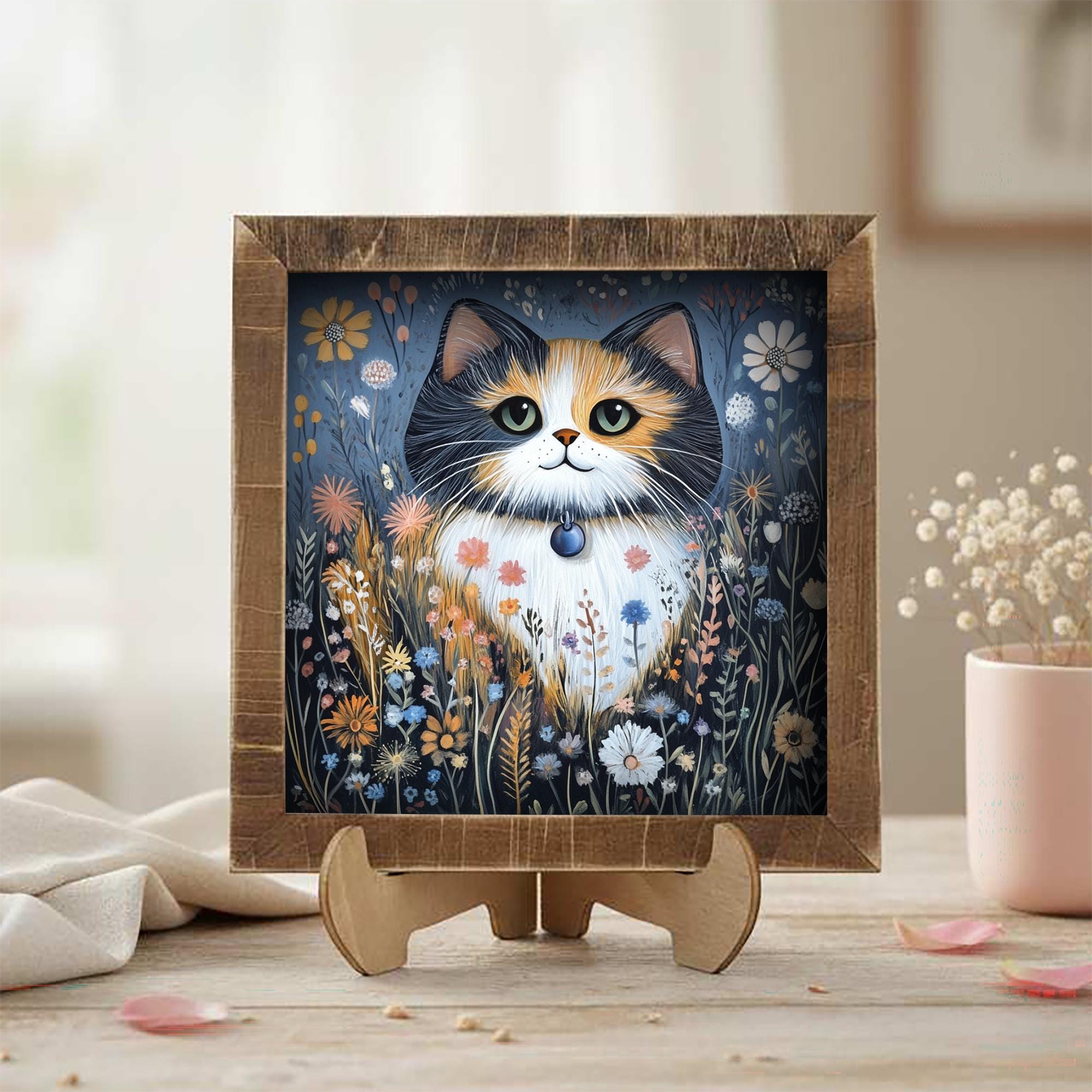 5.5” Framed Cat Art & Easel – Whimsical Folk Art Floral Calico Cat, Rustic Farmhouse Shelf Decor, Cozy Cottage Home Accent