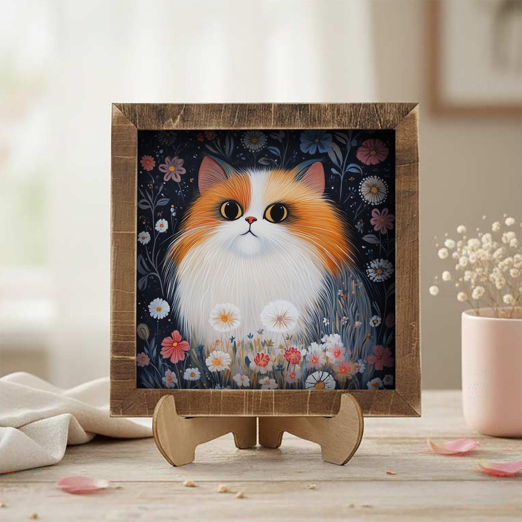 5.5” Framed Cat Art & Easel – Whimsical Folk Art Floral Orange and White Cat, Rustic Farmhouse Shelf Decor, Cozy Cottage Home Accent