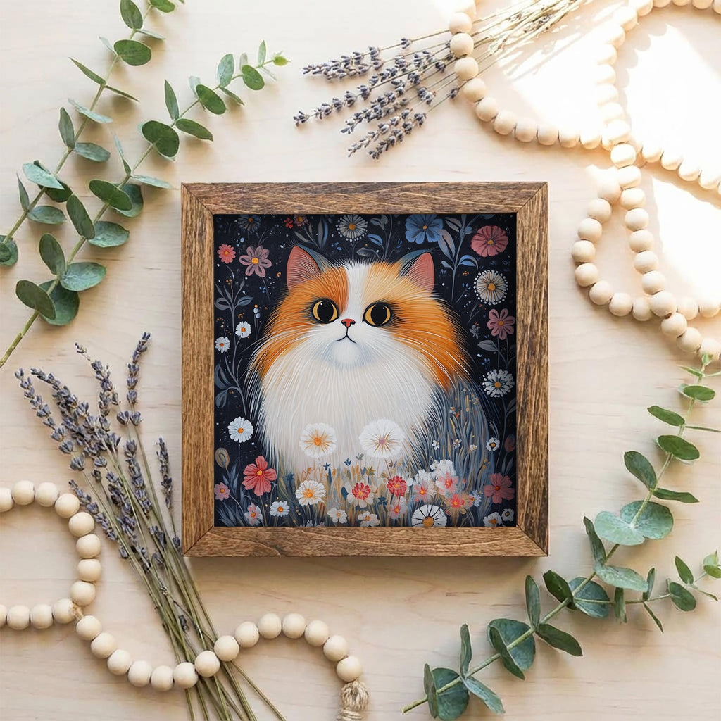 5.5” Framed Cat Art & Easel – Whimsical Folk Art Floral Orange and White Cat, Rustic Farmhouse Shelf Decor, Cozy Cottage Home Accent