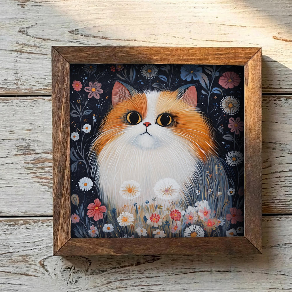 5.5” Framed Cat Art & Easel – Whimsical Folk Art Floral Orange and White Cat, Rustic Farmhouse Shelf Decor, Cozy Cottage Home Accent