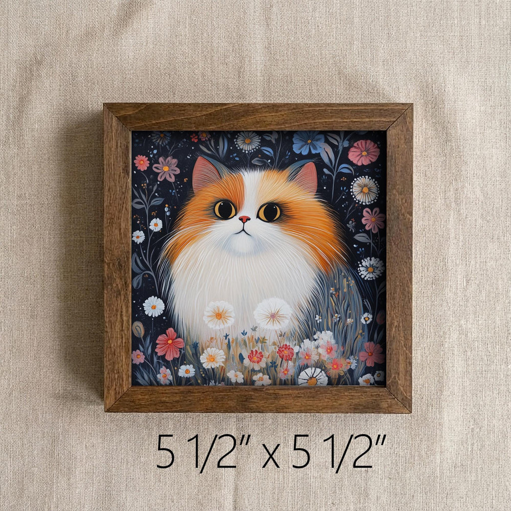 5.5” Framed Cat Art & Easel – Whimsical Folk Art Floral Orange and White Cat, Rustic Farmhouse Shelf Decor, Cozy Cottage Home Accent