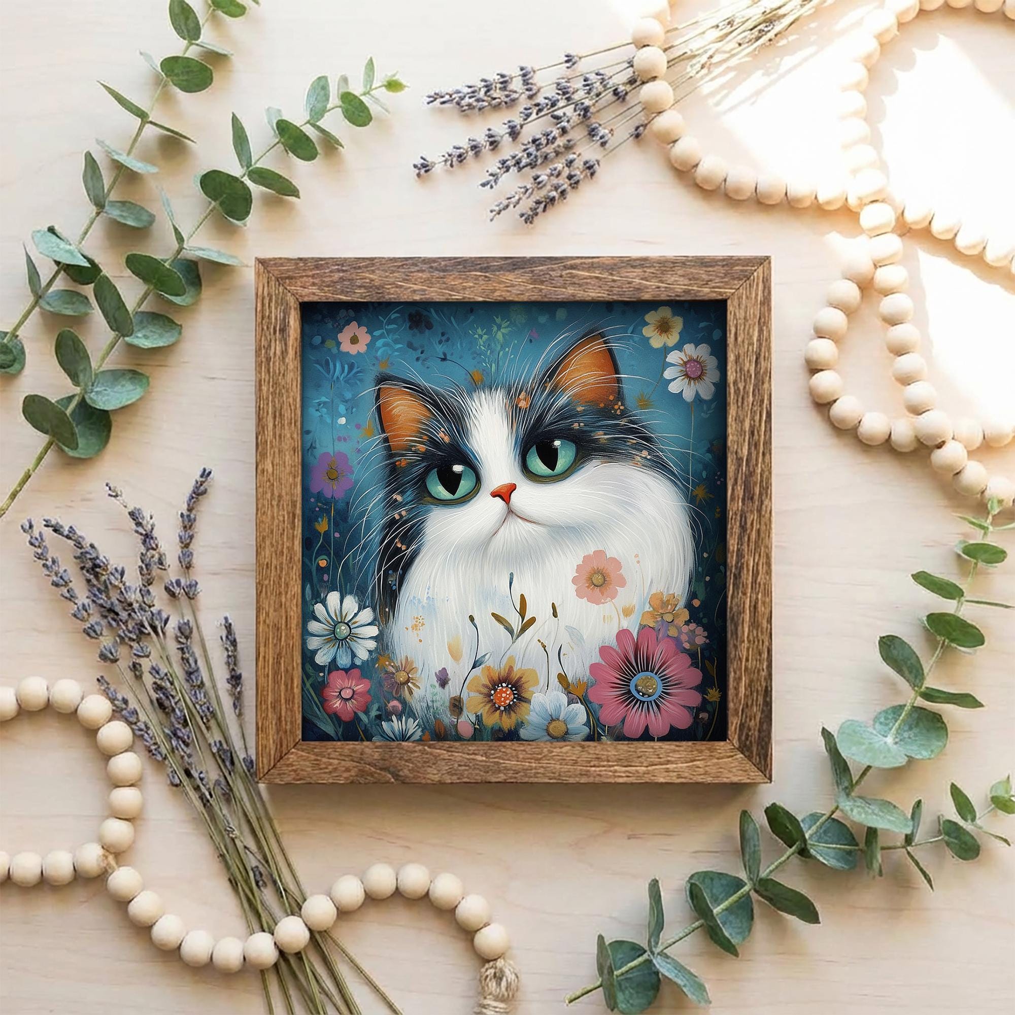 5.5” Framed Cat Art & Easel – Whimsical Folk Art Floral Cat and Flowers, Rustic Farmhouse Shelf Decor, Cozy Cottage Home Accent