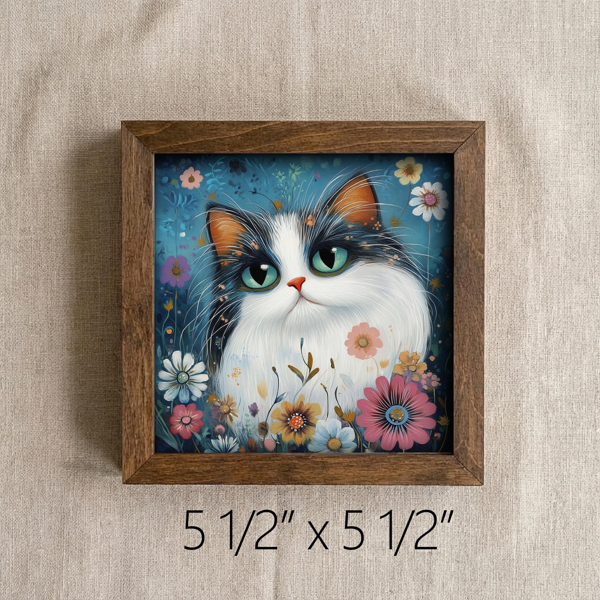 5.5” Framed Cat Art & Easel – Whimsical Folk Art Floral Cat and Flowers, Rustic Farmhouse Shelf Decor, Cozy Cottage Home Accent