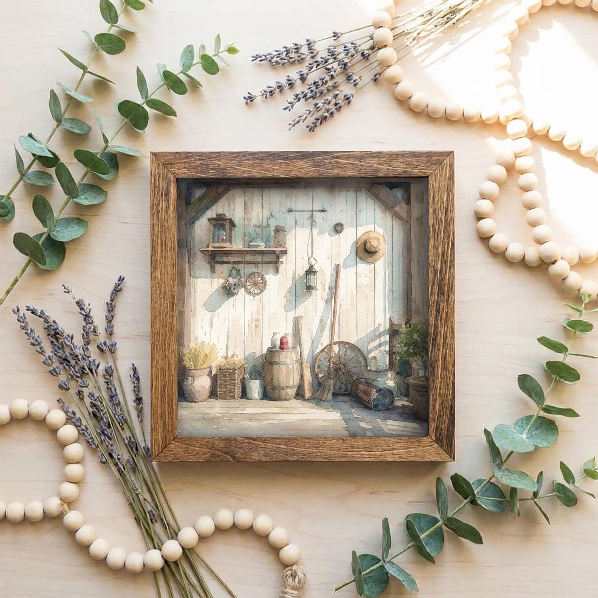 5.5” Framed Farmhouse Art – Cozy Rustic Interior Scene, Cottage Shelf Decor, Neutral Farmhouse Home Accent