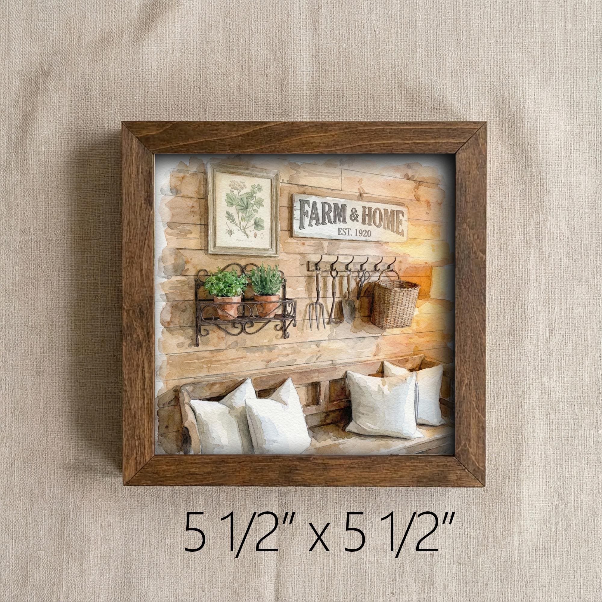 5.5” Framed Farmhouse Art – Cozy Rustic Interior Scene, Cottage Shelf Decor, Neutral Farmhouse Home Accent