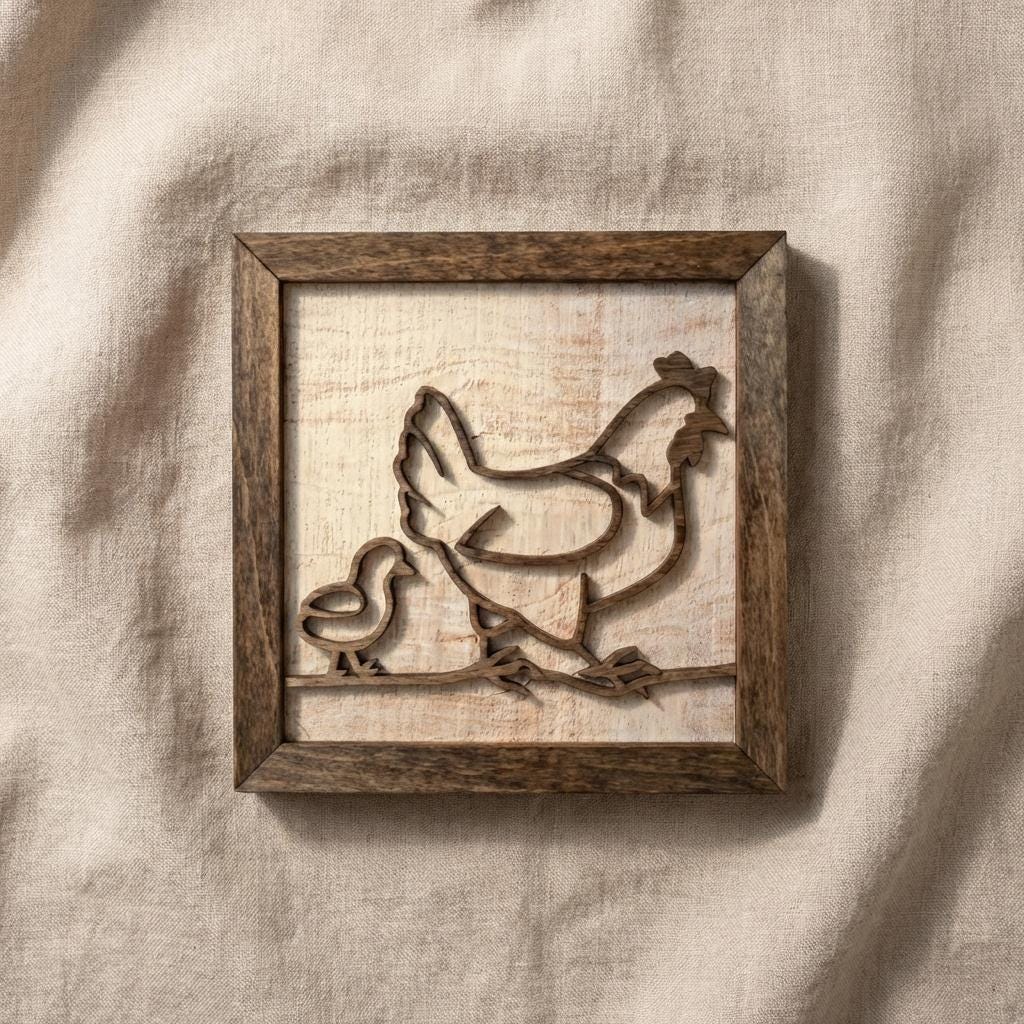 Rustic Farm Wall Art, Layered Wood Farm Decor, Hen & Chick Chicken Sign, Farmhouse Wall Hanging