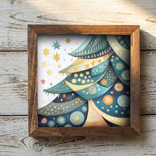 5.5” Framed Christmas Tree Wall Art – Whimsical Holiday Tree, Winter Farmhouse Shelf Decor, Cozy Seasonal Home Accent