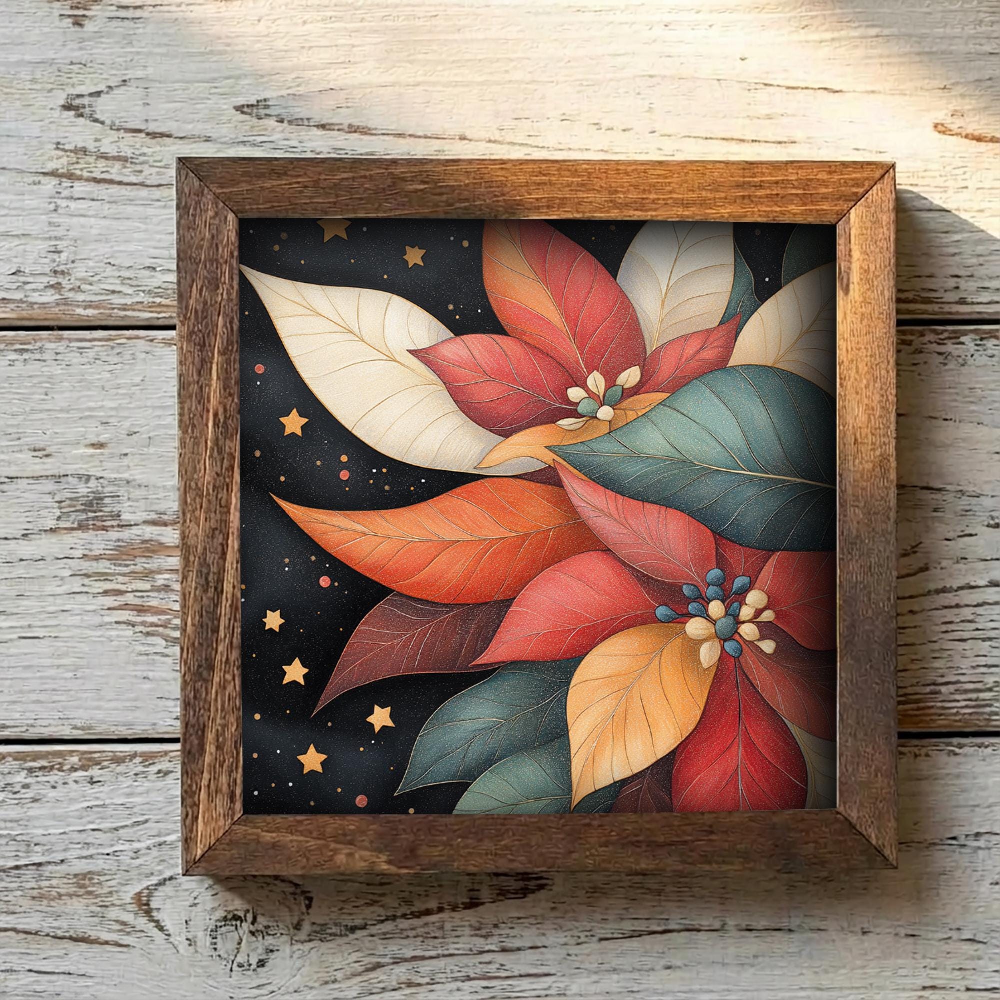 5.5” Framed Holiday Floral Wall Art – Whimsical Poinsettia Style, Christmas Farmhouse Shelf Decor, Cozy Seasonal Home Accent