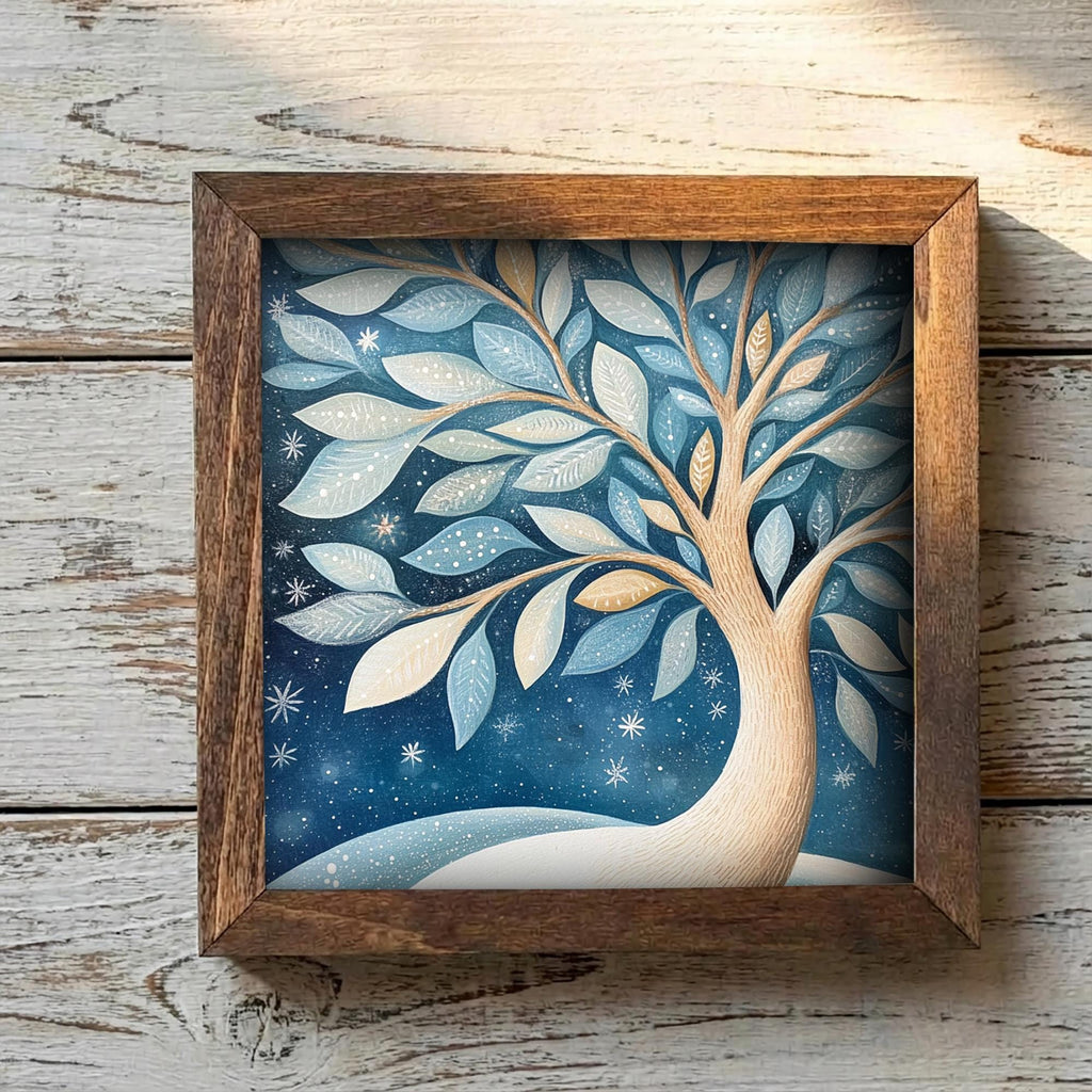 5.5” Framed Winter Tree Wall Art – Whimsical Nature Illustration, Cozy Farmhouse Shelf Decor, Blue Neutral Home Accent