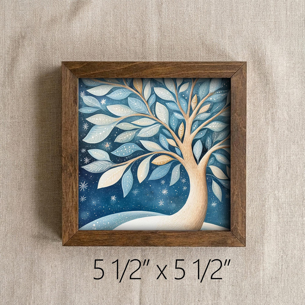 5.5” Framed Winter Tree Wall Art – Whimsical Nature Illustration, Cozy Farmhouse Shelf Decor, Blue Neutral Home Accent