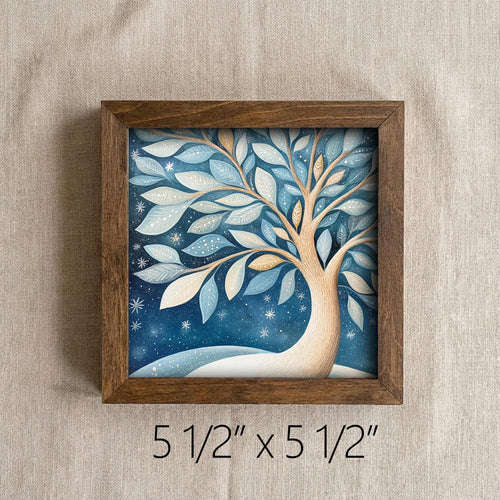 5.5” Framed Winter Tree Wall Art – Whimsical Nature Illustration, Cozy Farmhouse Shelf Decor, Blue Neutral Home Accent