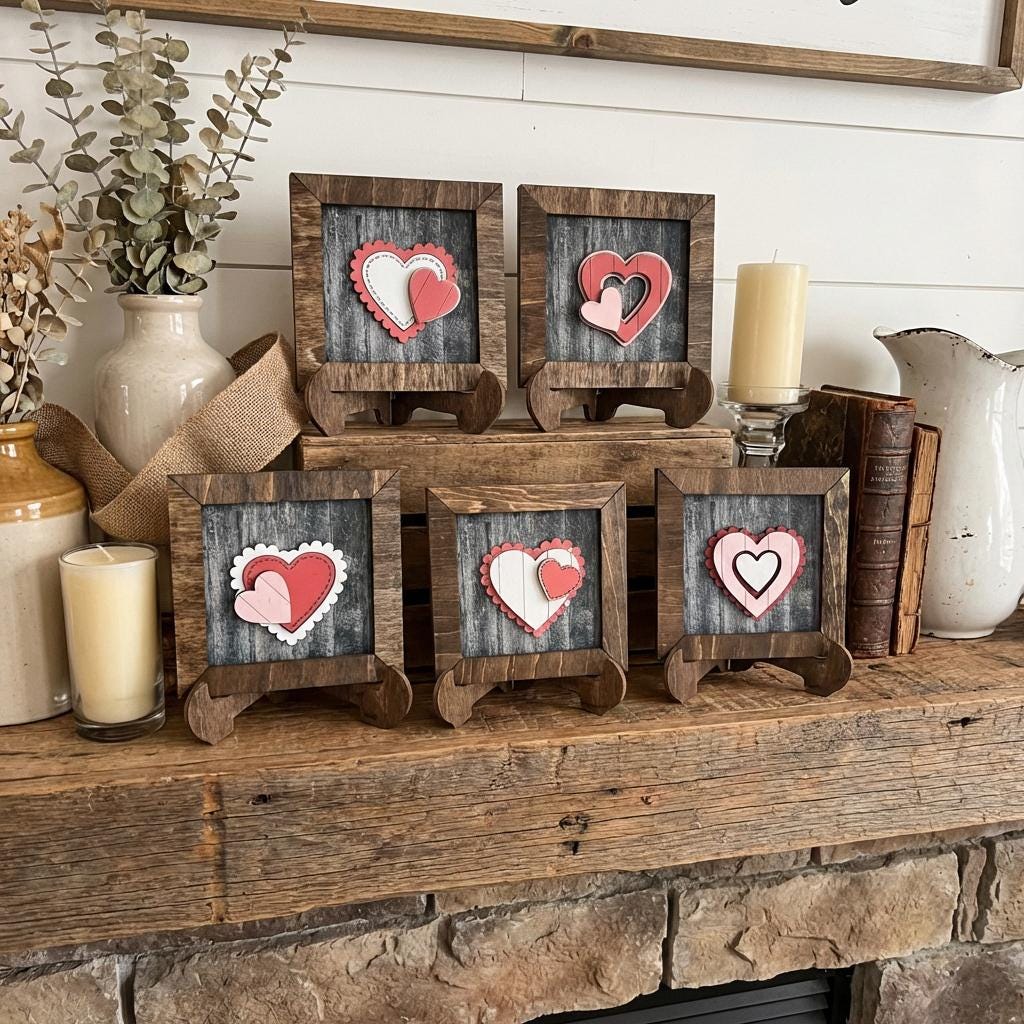 Layered Heart Decor, 3.75” Framed Wood Sign, Rustic Farmhouse Sentimental Decor, Small Wedding Gift