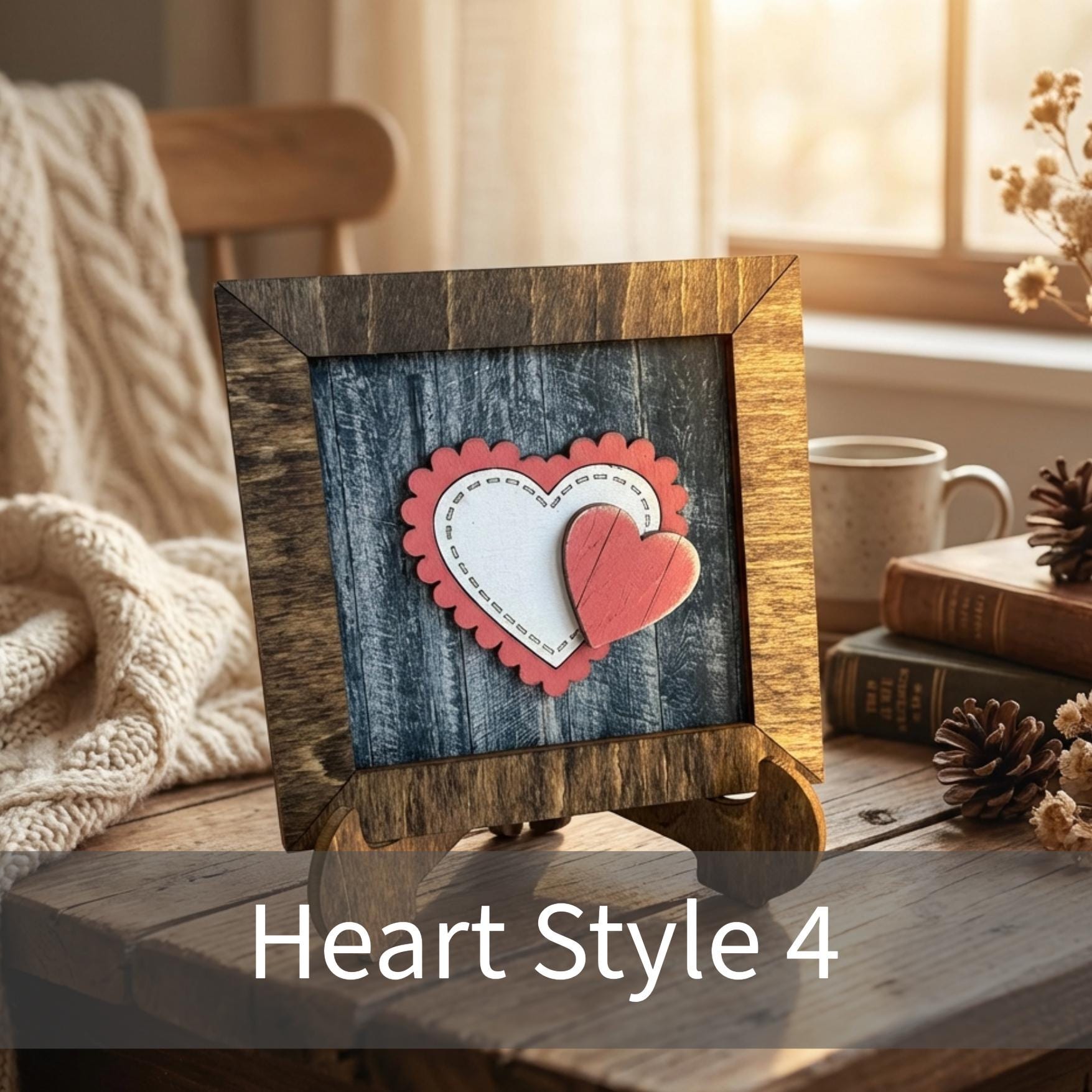 Layered Heart Decor, 3.75” Framed Wood Sign, Rustic Farmhouse Sentimental Decor, Small Wedding Gift