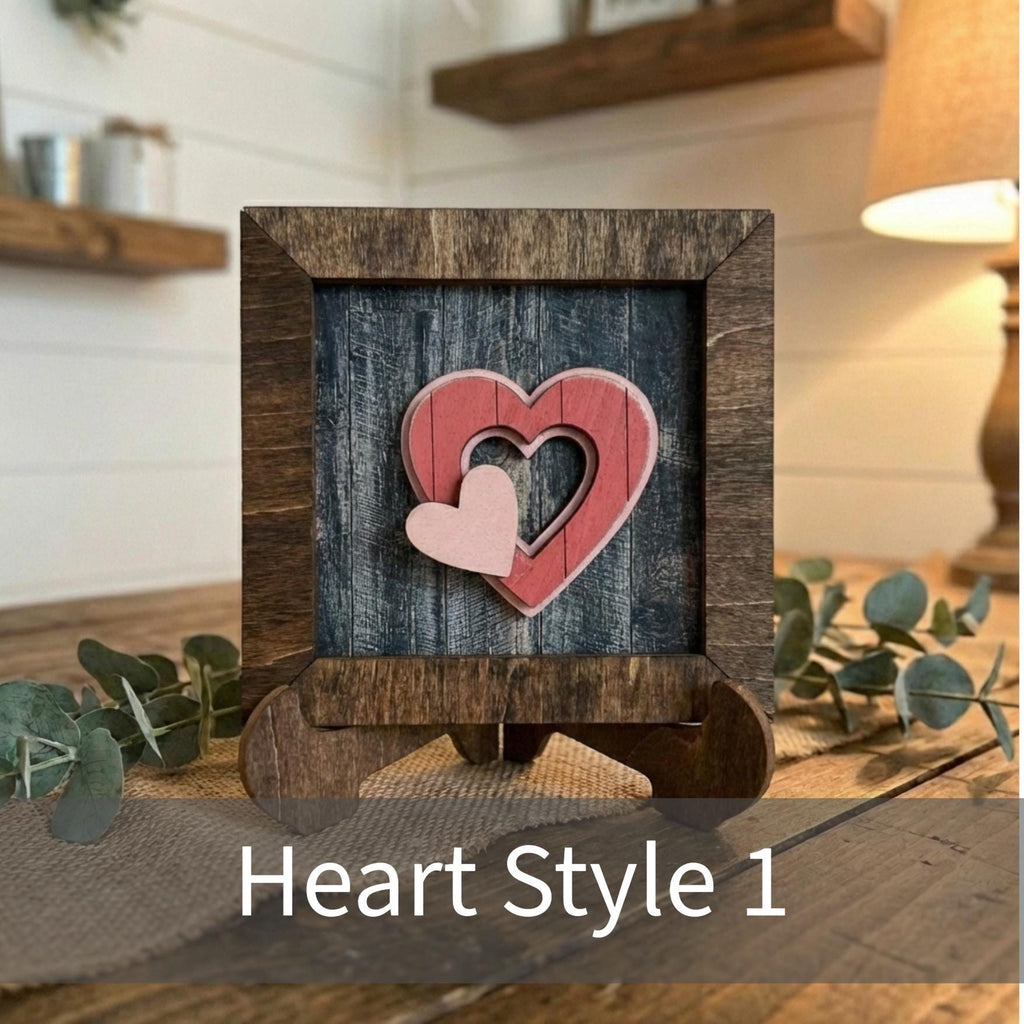 Layered Heart Decor, 3.75” Framed Wood Sign, Rustic Farmhouse Sentimental Decor, Small Wedding Gift