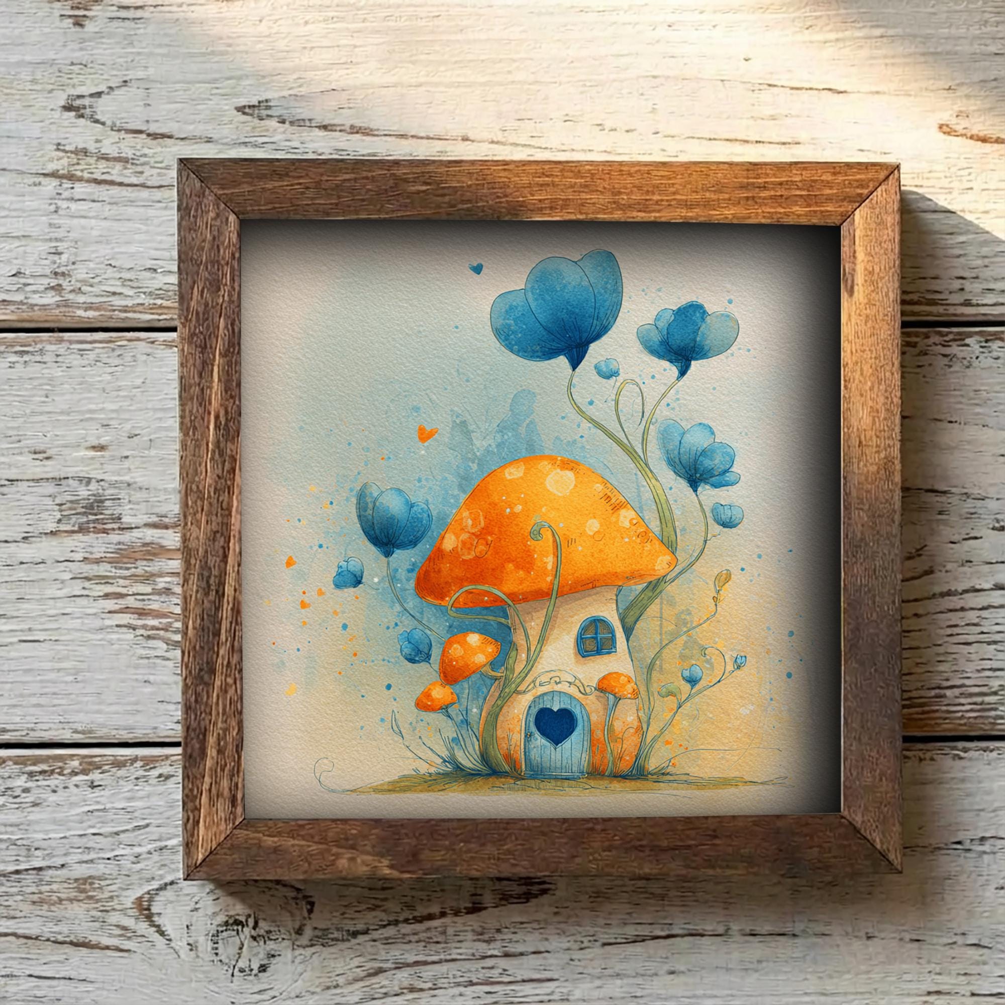 Whimsical Mushroom Cottage Framed Art | Fairy House Decor | Storybook Nursery Art | Rustic Farmhouse Frame