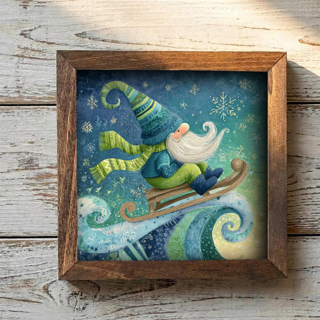 Winter Gnome Framed Art | Whimsical Christmas Decor | Cozy Nordic Gnome Illustration | Rustic Farmhouse Frame
