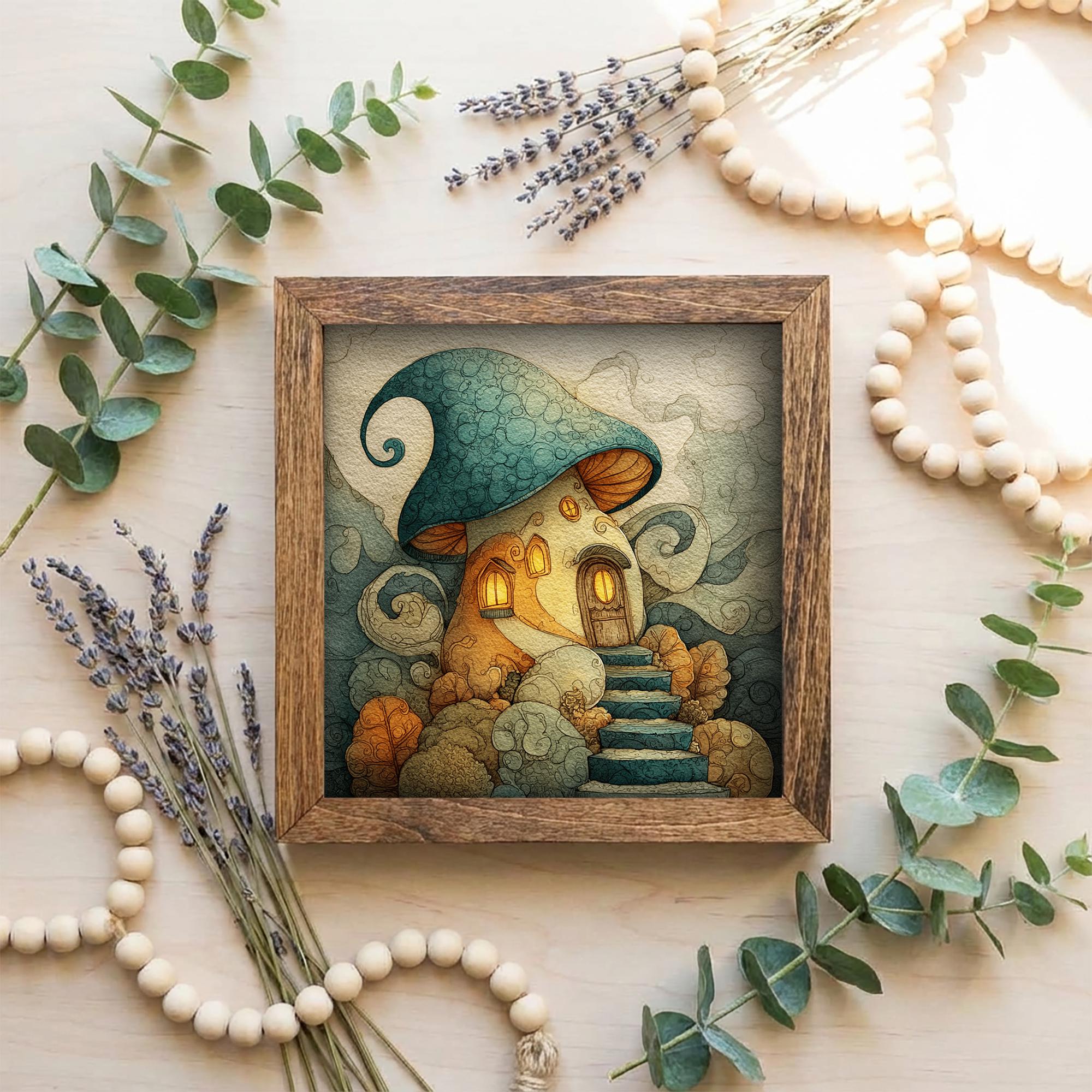 Whimsical Mushroom House Framed Art | Fairy Cottage Decor | Cozy Storybook Illustration | Rustic Farmhouse Frame