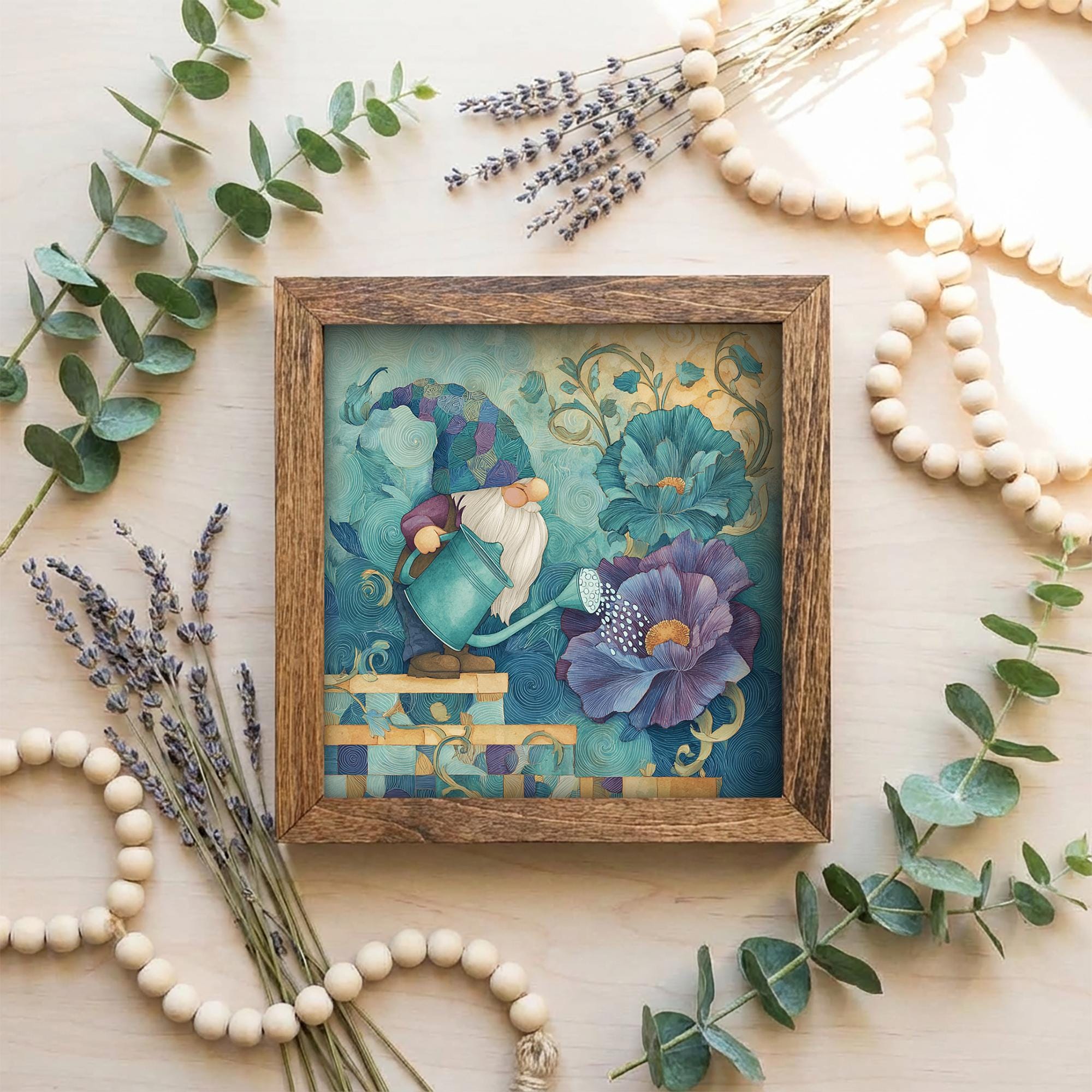 Garden Gnome Framed Art | Whimsical Flower Illustration | Cottagecore Gnome Decor | Rustic Farmhouse Frame